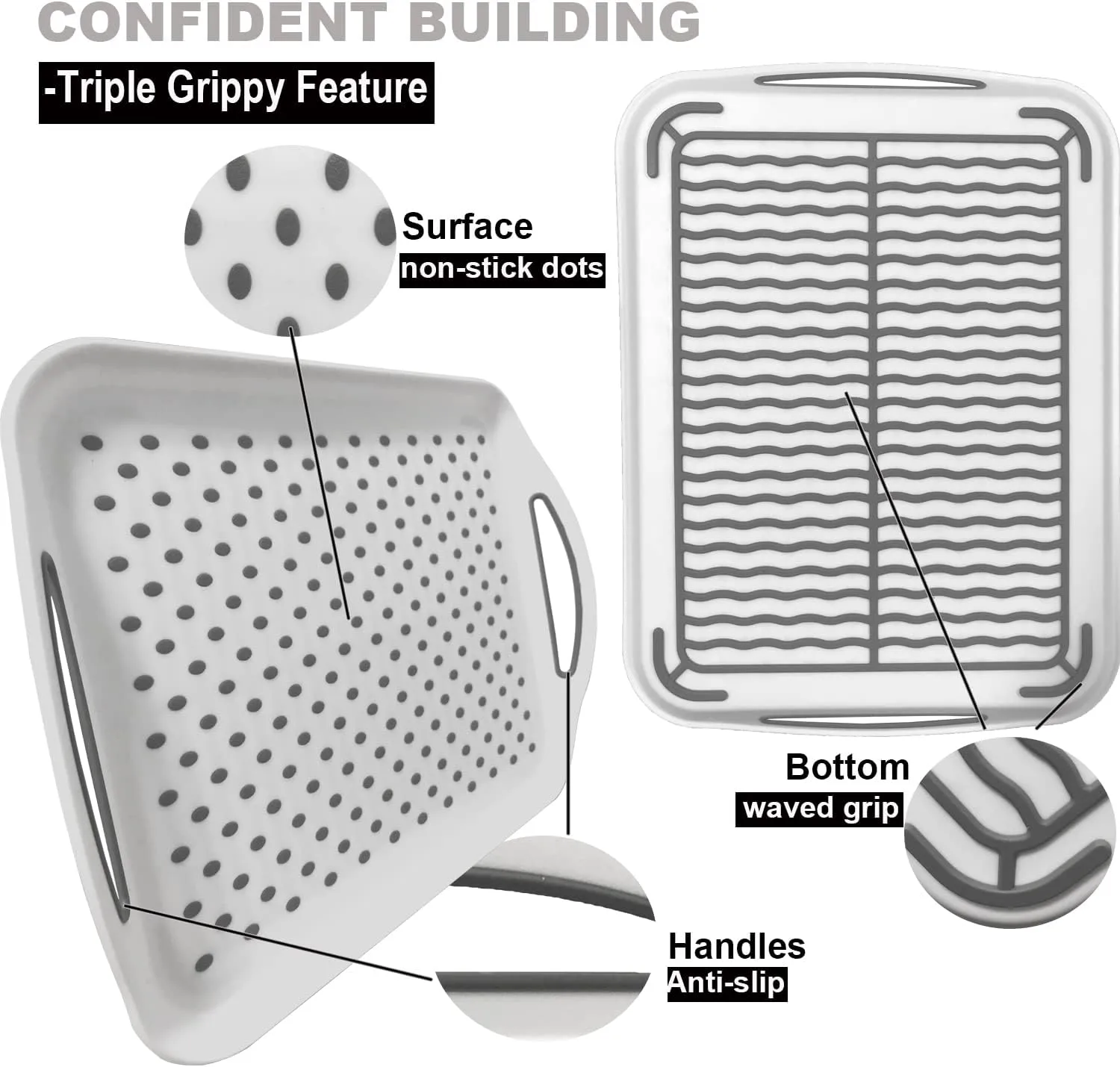 Large Non Slip Serving Tray with Handles, Silicone Gripping Nubs Lap Food Trays for Eating, Dishwasher Safe Serve for Dinner Snack Fruit Dessert Breakfast Beverage, Rectangular, Set of 2, White
