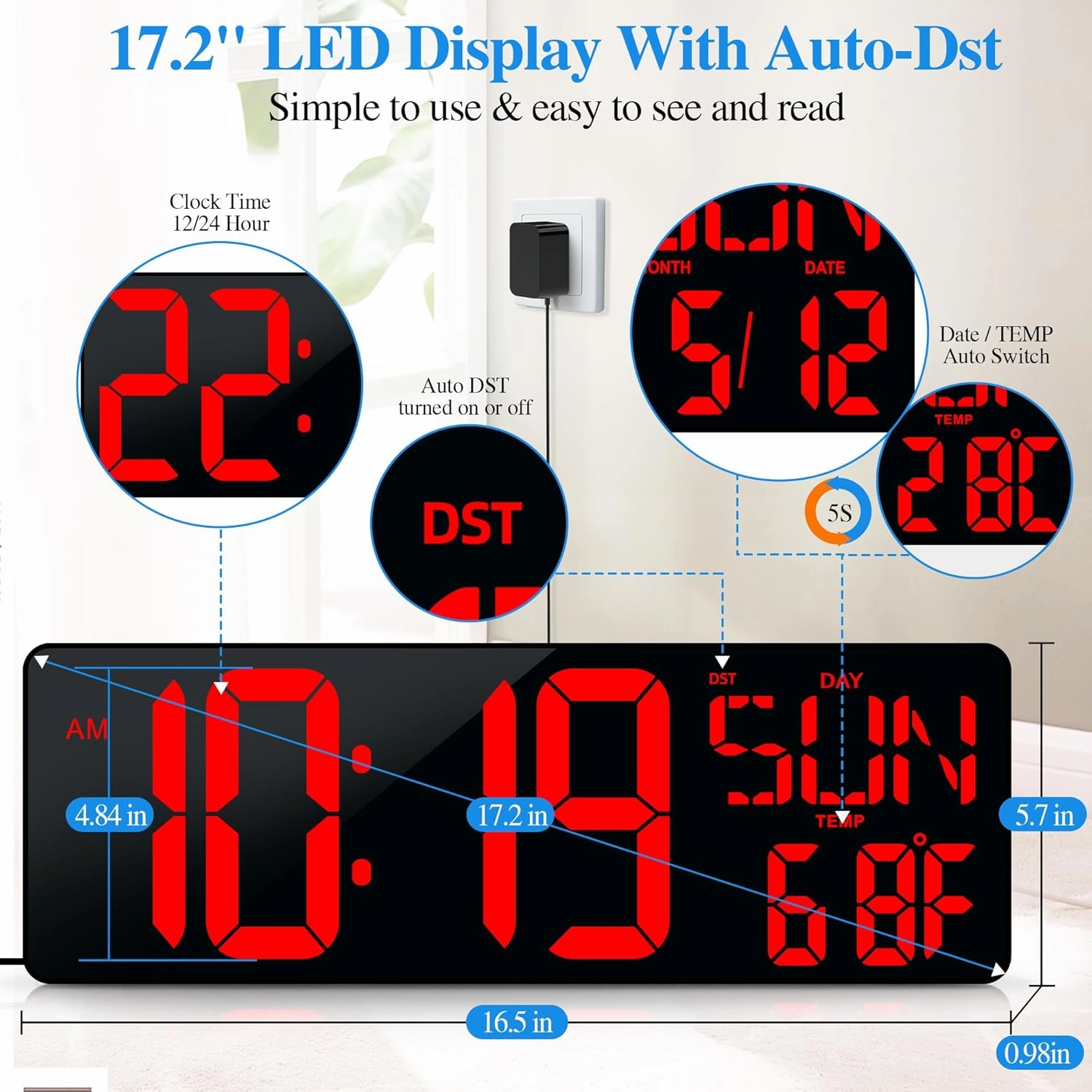 Large Digital Wall Clock with Remote Control 17.2" LED Large Display Timer with Temperature Date Week Auto DST Adjustable Brightness, Big Wall Alarm Clock for Living Room Office Garage Gym Seniors