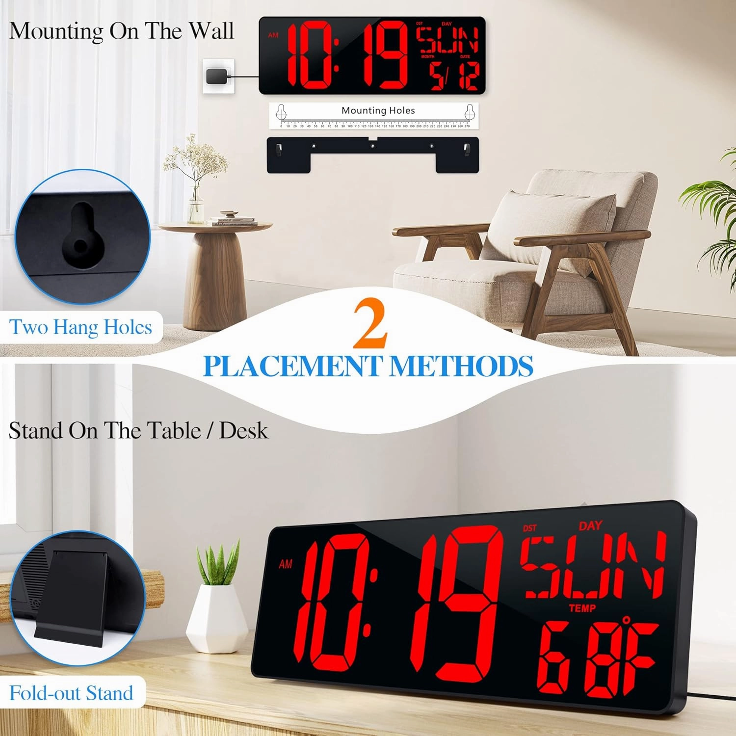 Large Digital Wall Clock with Remote Control 17.2" LED Large Display Timer with Temperature Date Week Auto DST Adjustable Brightness, Big Wall Alarm Clock for Living Room Office Garage Gym Seniors