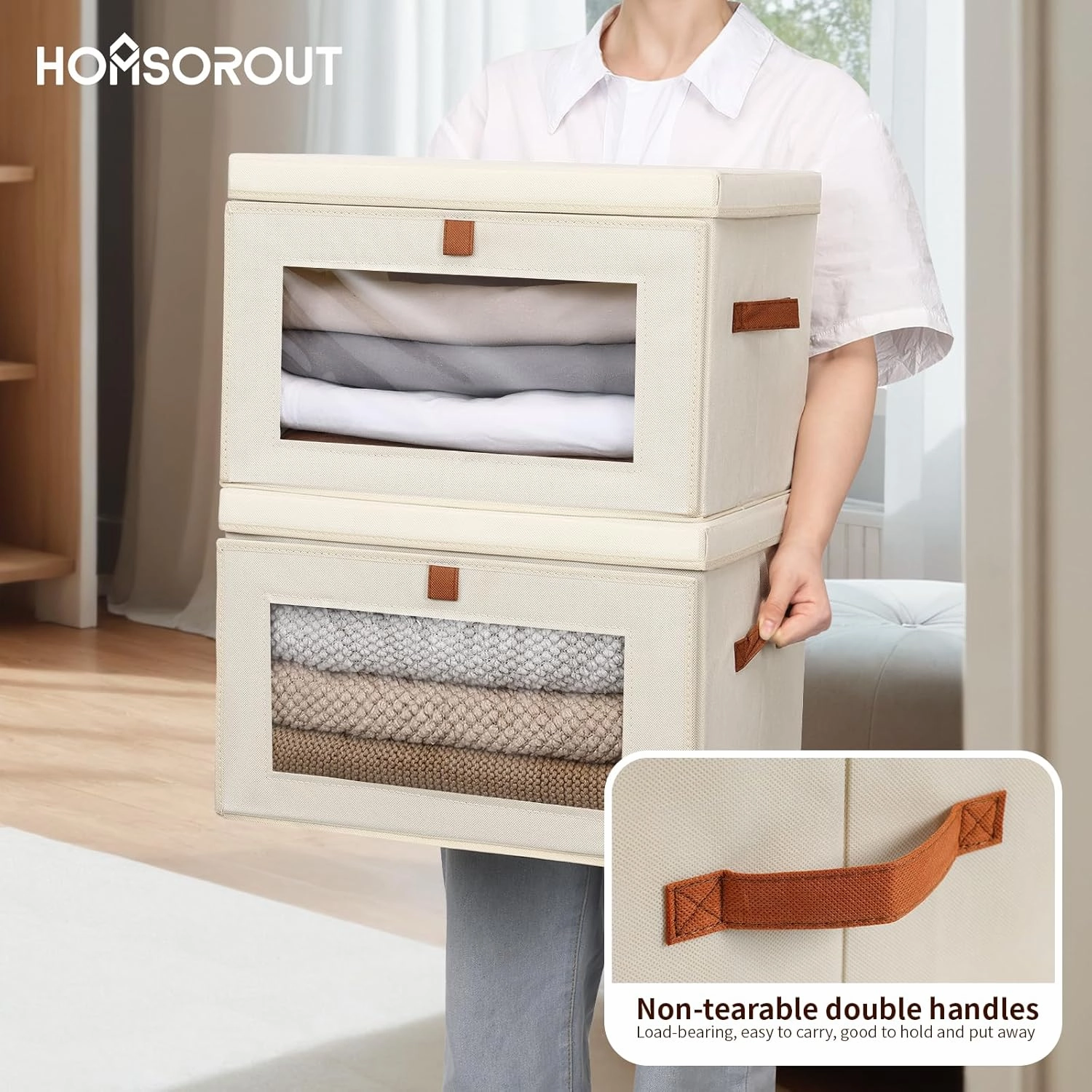 Large Storage Bins with Lids - Fabric Collapsible Closet Storage Organizer with Window & Handles, Stackable Decorative Storage Boxes for Clothes, Blankets, Sweaters, 6 Pack, Beige