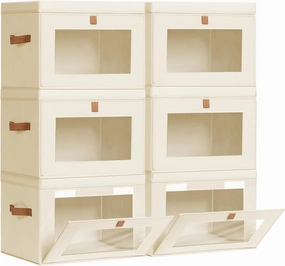 Large Storage Bins with Lids - Fabric Collapsible Closet Storage Organizer with Window & Handles, Stackable Decorative Storage Boxes for Clothes, Blankets, Sweaters, 6 Pack, Beige
