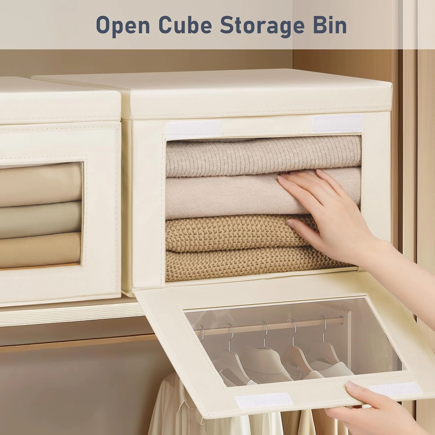 Large Storage Bins with Lids - Fabric Collapsible Closet Storage Organizer with Window & Handles, Stackable Decorative Storage Boxes for Clothes, Blankets, Sweaters, 6 Pack, Beige
