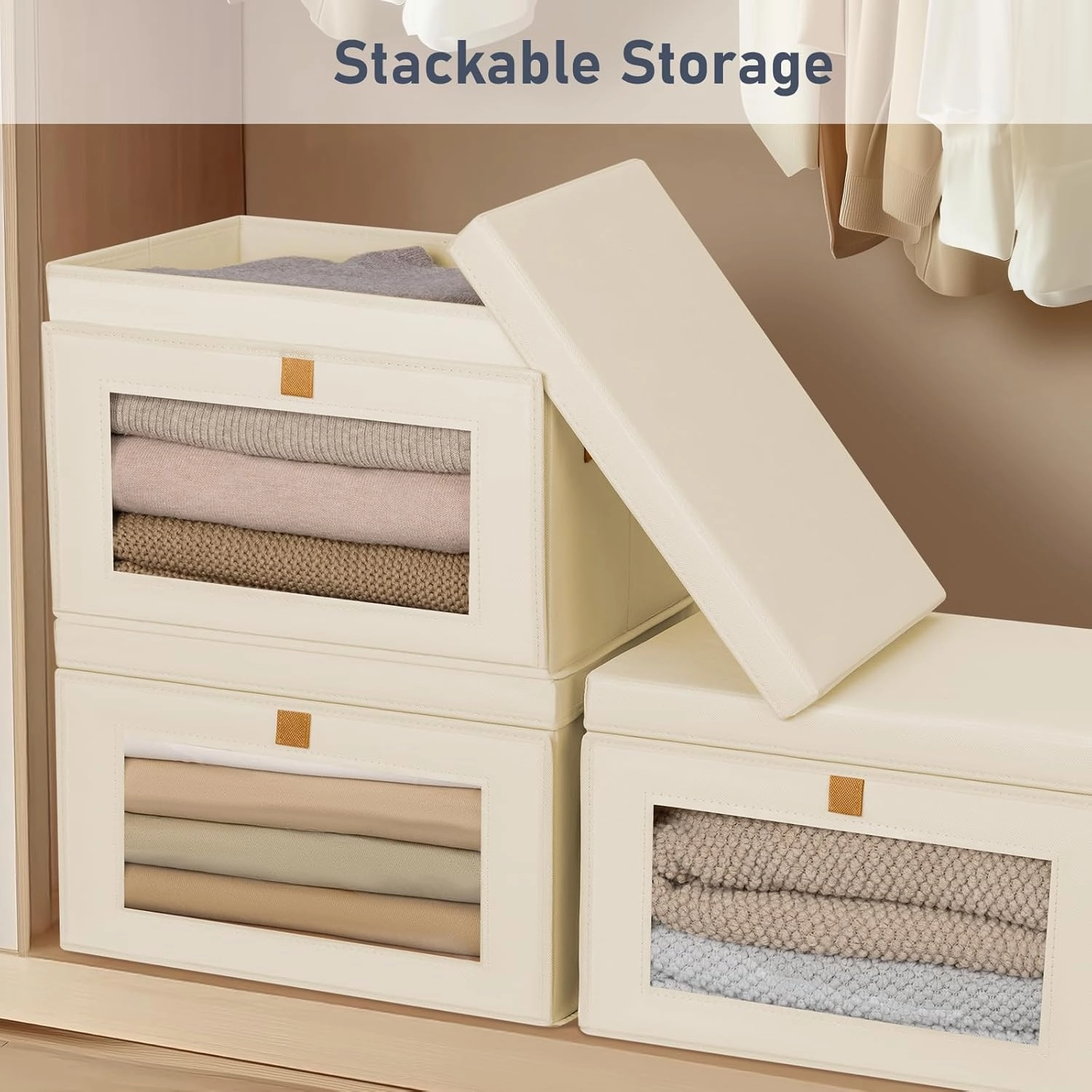 Large Storage Bins with Lids - Fabric Collapsible Closet Storage Organizer with Window & Handles, Stackable Decorative Storage Boxes for Clothes, Blankets, Sweaters, 6 Pack, Beige