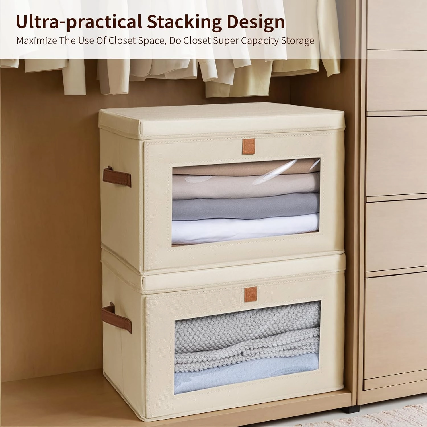 Large Storage Bins with Lids - Fabric Collapsible Closet Storage Organizer with Window & Handles, Stackable Decorative Storage Boxes for Clothes, Blankets, Sweaters, 6 Pack, Beige