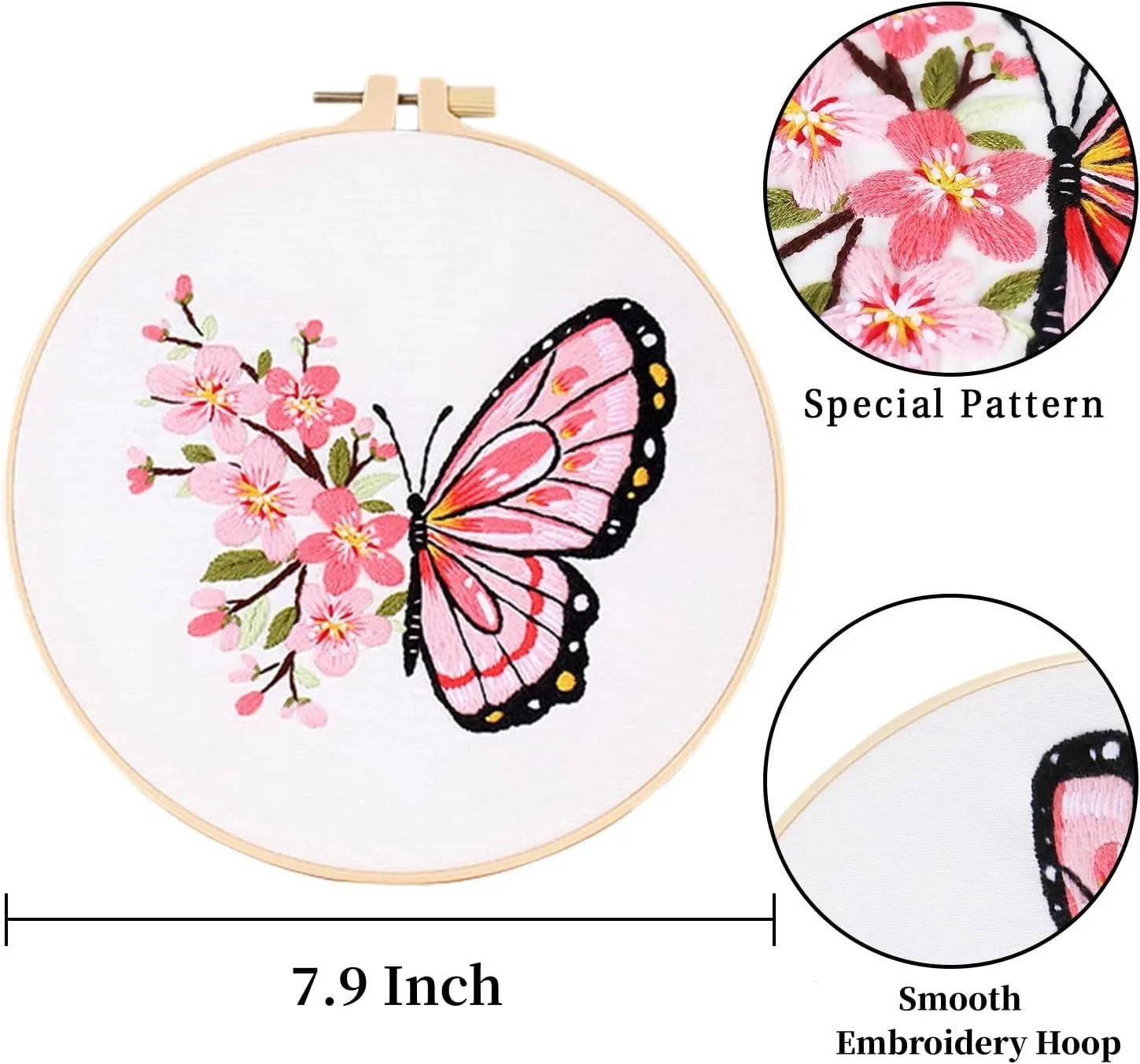 LB Butterfly Embroidery Kit for Beginners Adults, 3 Sets Hand Embroidery Starter Kit with Flower Pattern and Instructions Stamped Cross Stitch Kits Include Embroidery Hoop Needles Threads Scissors