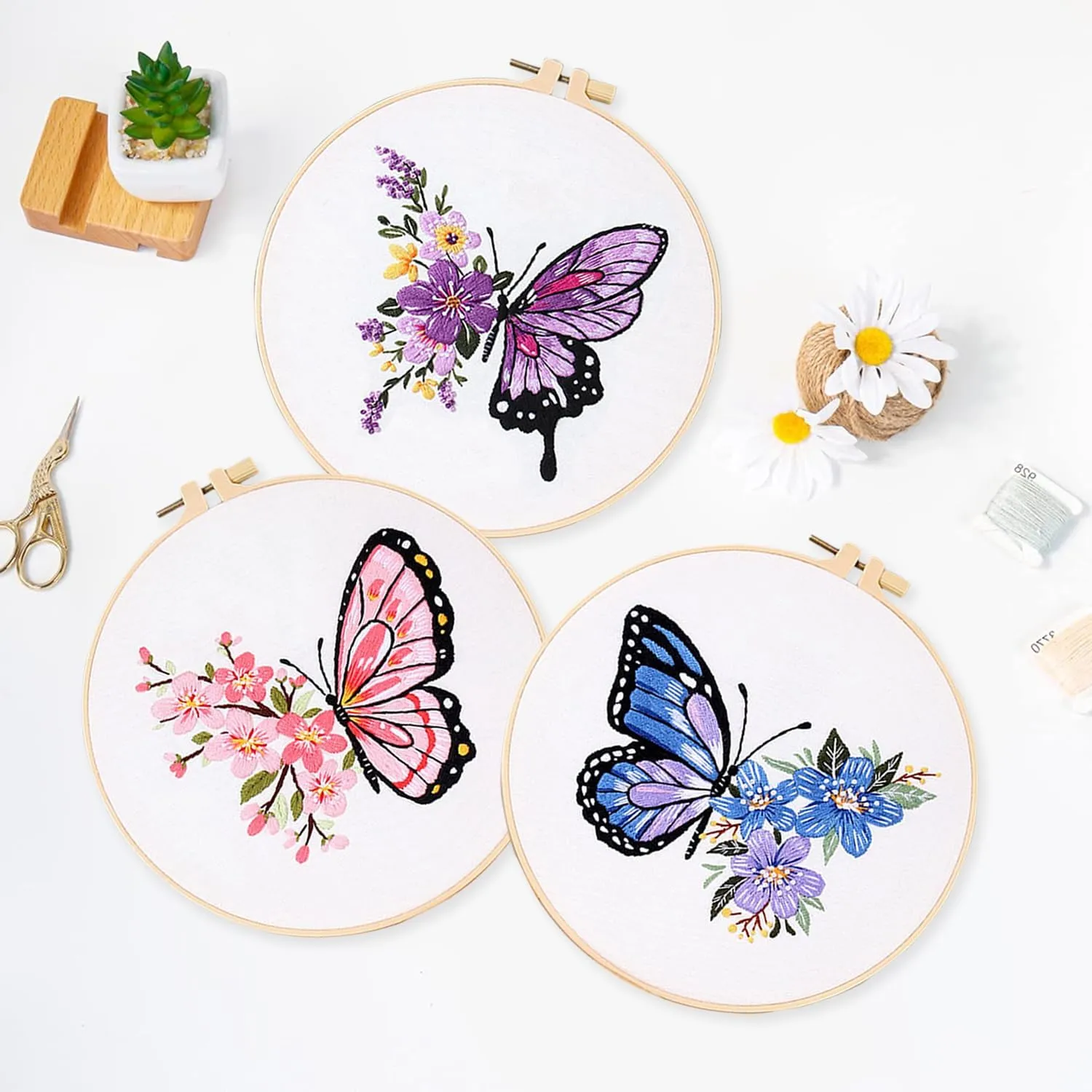 LB Butterfly Embroidery Kit for Beginners Adults, 3 Sets Hand Embroidery Starter Kit with Flower Pattern and Instructions Stamped Cross Stitch Kits Include Embroidery Hoop Needles Threads Scissors