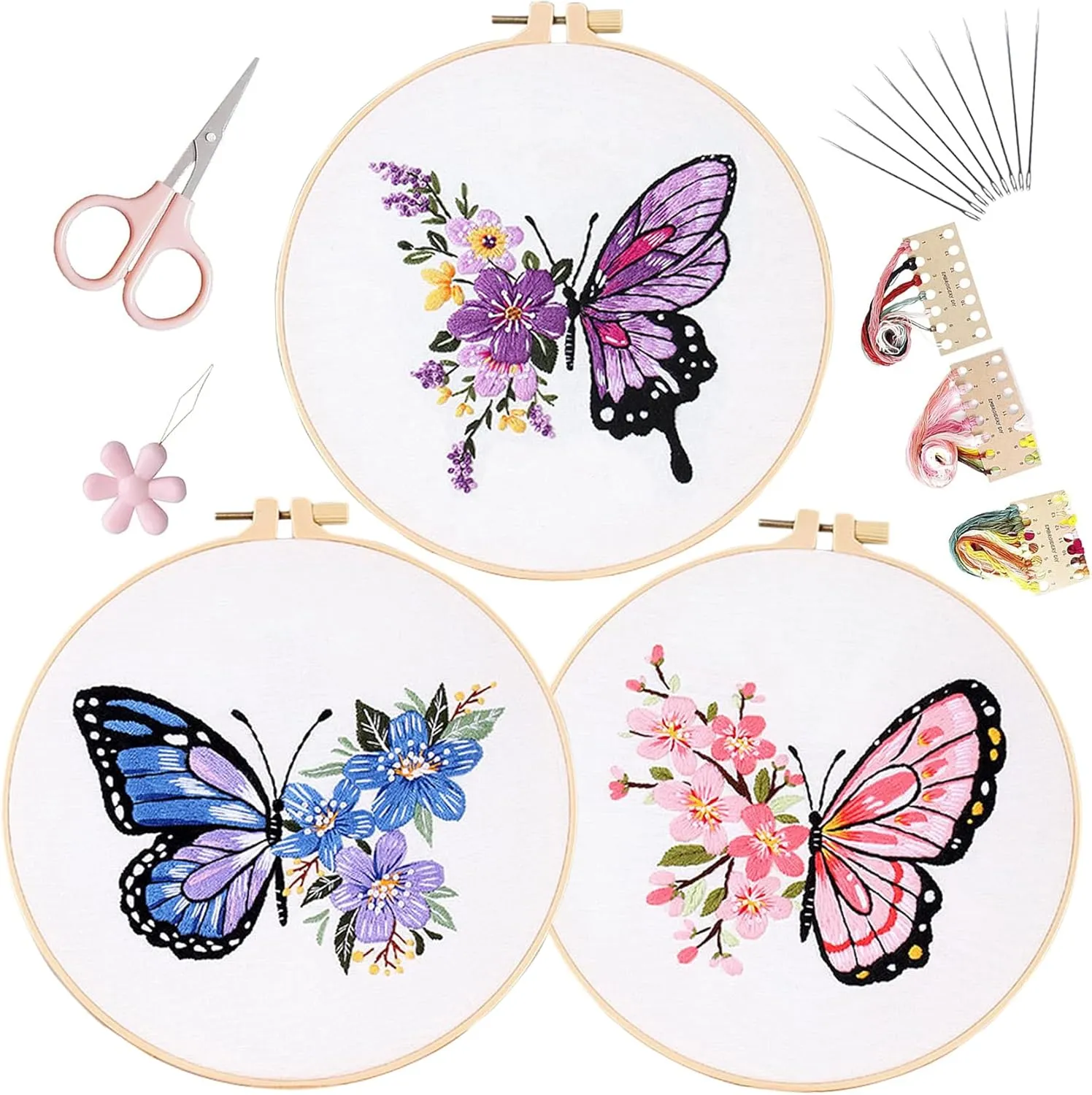 LB Butterfly Embroidery Kit for Beginners Adults, 3 Sets Hand Embroidery Starter Kit with Flower Pattern and Instructions Stamped Cross Stitch Kits Include Embroidery Hoop Needles Threads Scissors