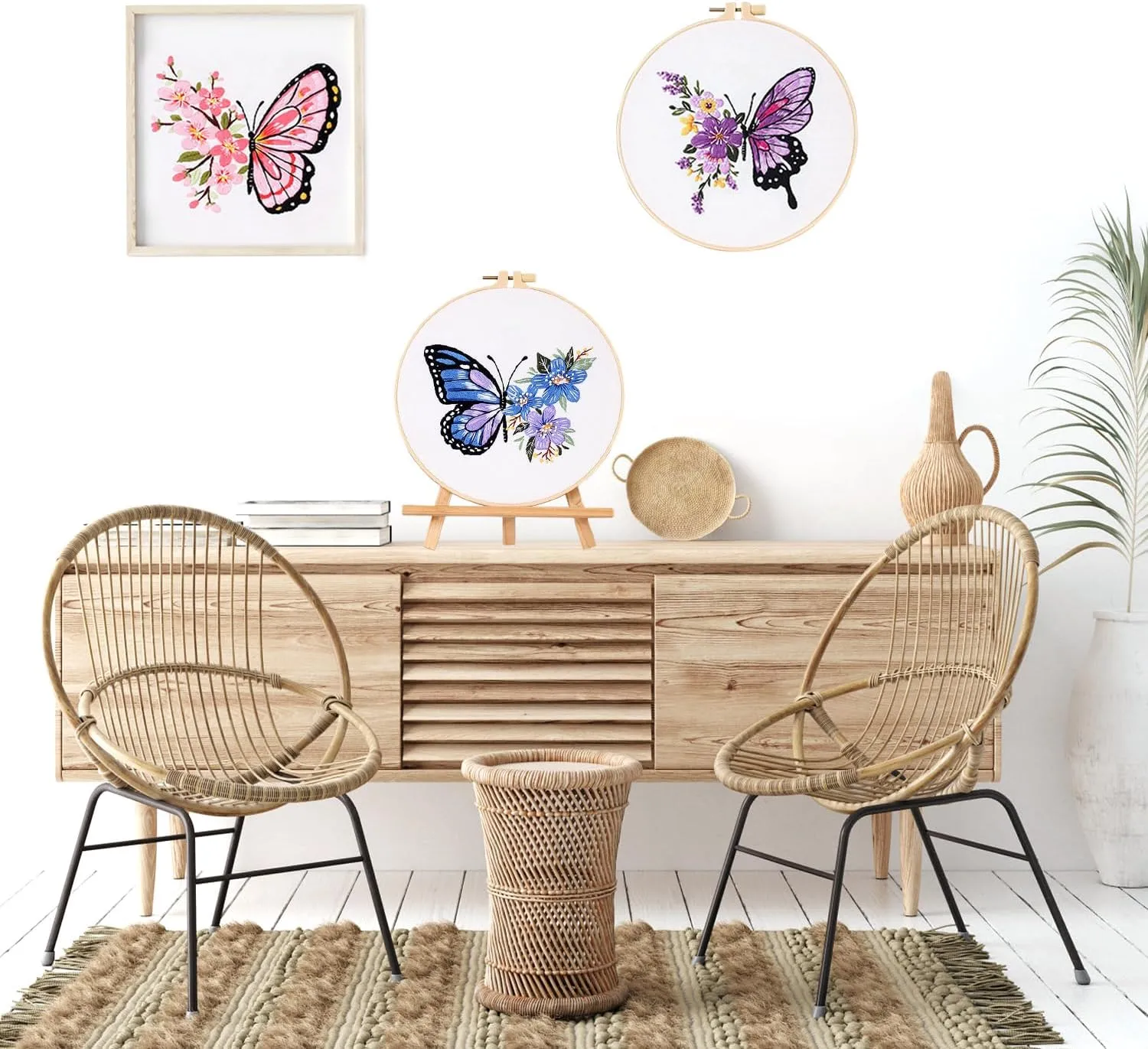 LB Butterfly Embroidery Kit for Beginners Adults, 3 Sets Hand Embroidery Starter Kit with Flower Pattern and Instructions Stamped Cross Stitch Kits Include Embroidery Hoop Needles Threads Scissors