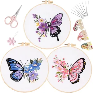 LB Butterfly Embroidery Kit for Beginners Adults, 3 Sets Hand Embroidery Starter Kit with Flower Pattern and Instructions Stamped Cross Stitch Kits Include Embroidery Hoop Needles Threads Scissors
