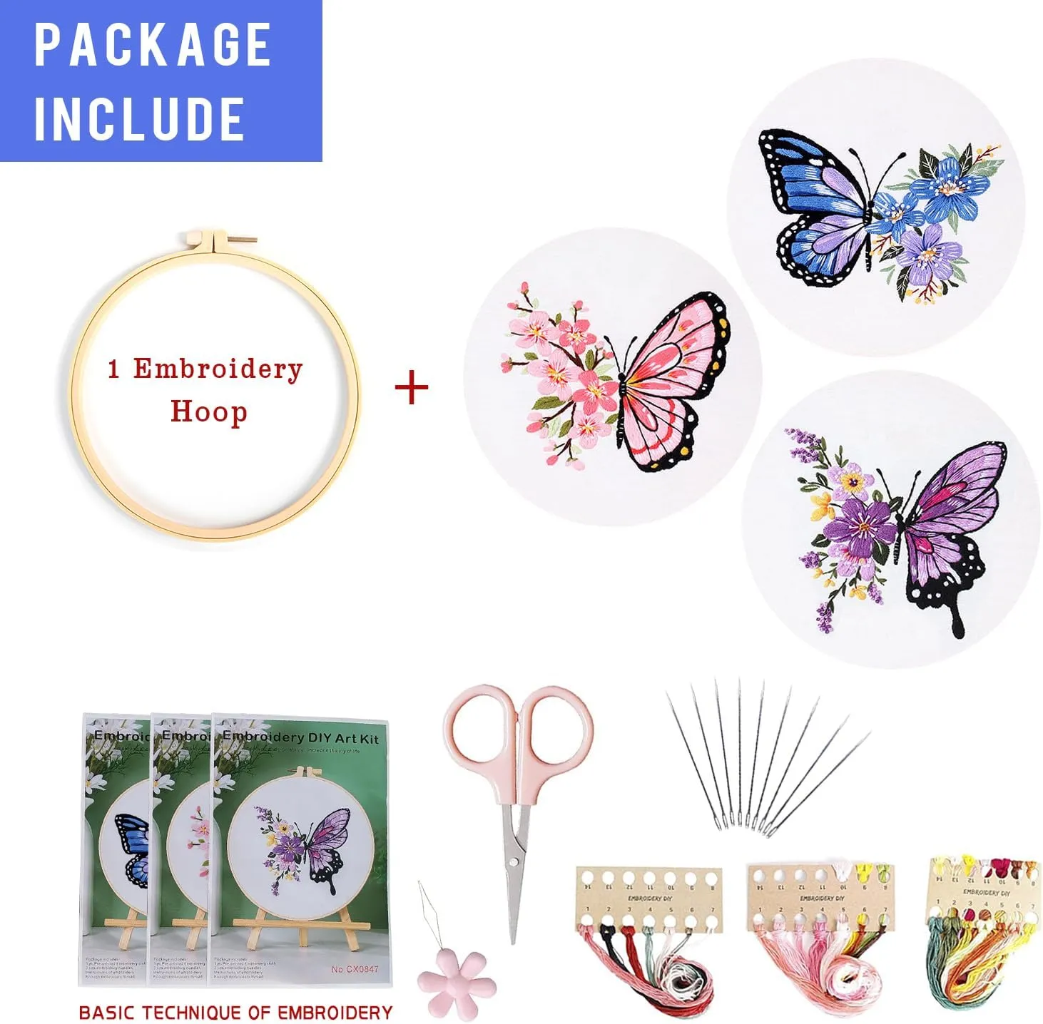 LB Butterfly Embroidery Kit for Beginners Adults, 3 Sets Hand Embroidery Starter Kit with Flower Pattern and Instructions Stamped Cross Stitch Kits Include Embroidery Hoop Needles Threads Scissors