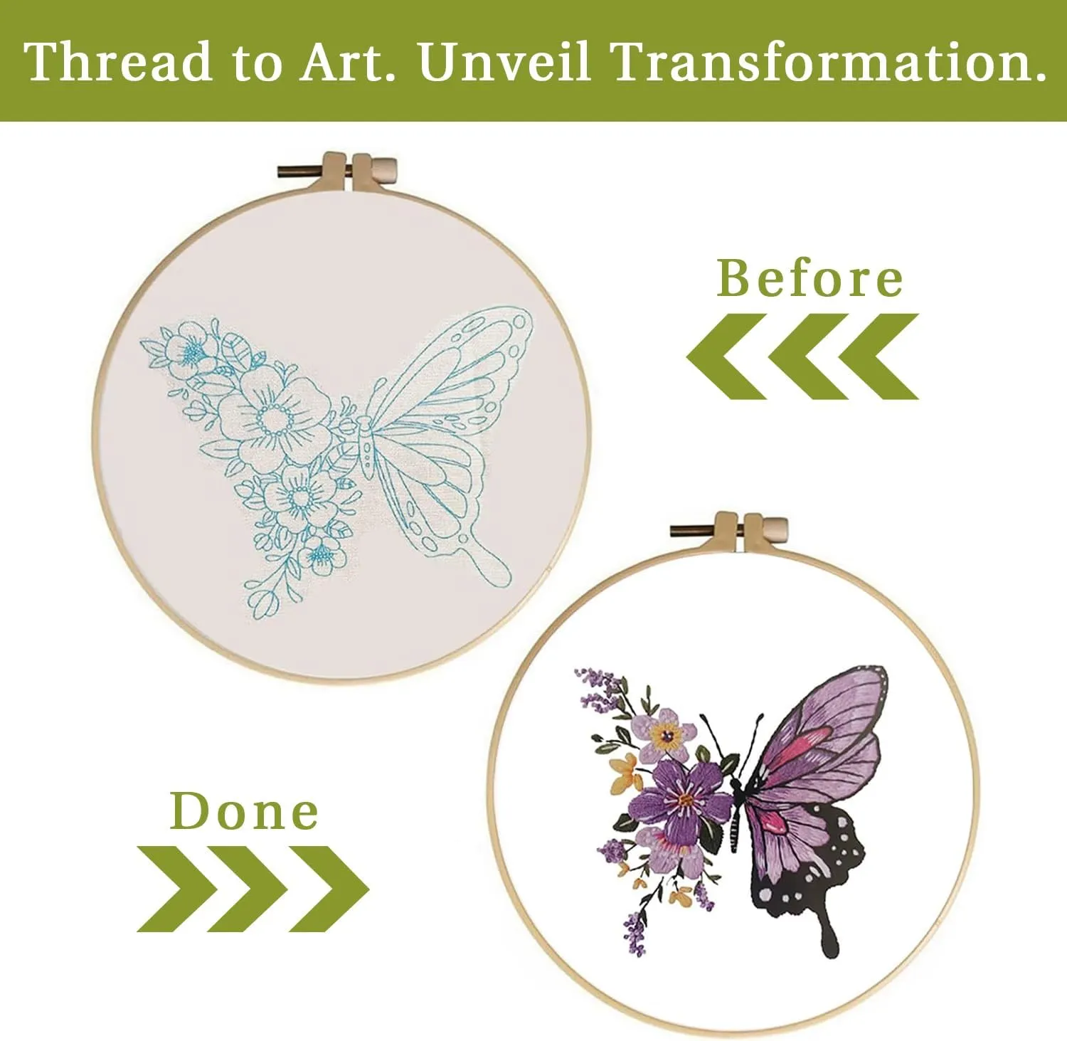 LB Butterfly Embroidery Kit for Beginners Adults, 3 Sets Hand Embroidery Starter Kit with Flower Pattern and Instructions Stamped Cross Stitch Kits Include Embroidery Hoop Needles Threads Scissors