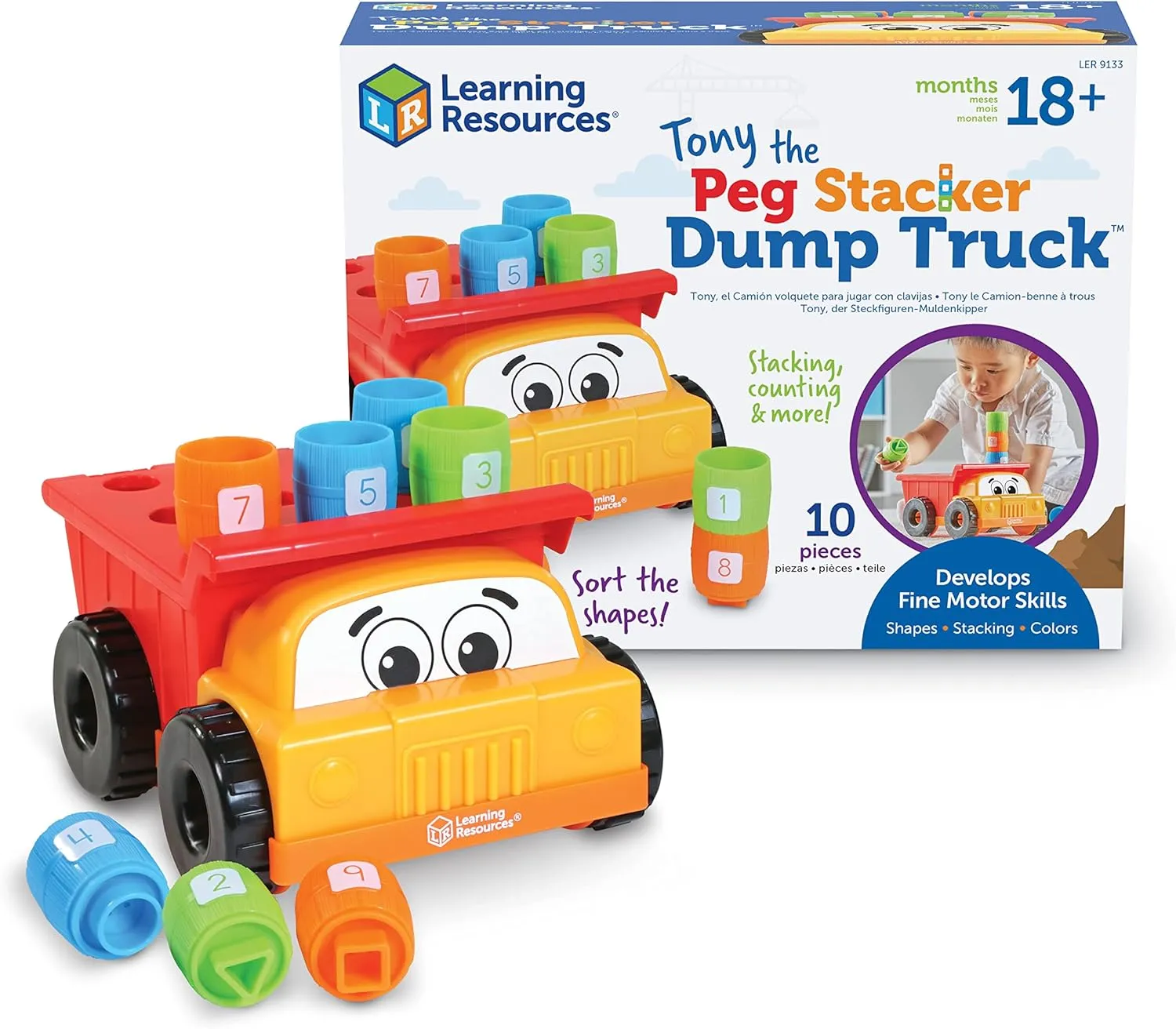 Learning Resources Tony the Peg Stacker Dump Truck - 10 Pieces, Ages 18  months Fine Motor Skills Toy for Toddlers, Preschool Toys