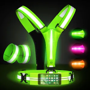 LED Reflective Running Vest Set– High Visibility LED Walking Gear with Portable Bag, Armband for Night Time Safety, Adjustable and Rechargeable Runner Lights for Men and Women