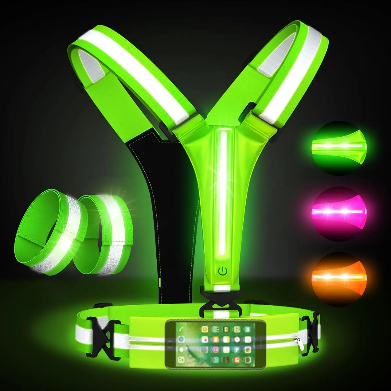 LED Reflective Running Vest Set– High Visibility LED Walking Gear with Portable Bag, Armband for Night Time Safety, Adjustable and Rechargeable Runner Lights for Men and Women