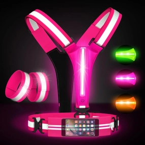 LED Reflective Running Vest Setu2013 High Visibility LED Walking Gear with Portable Bag, Armband for Night Time Safety, Adjustable and Rechargeable Runner Lights for Men and Women, Pink