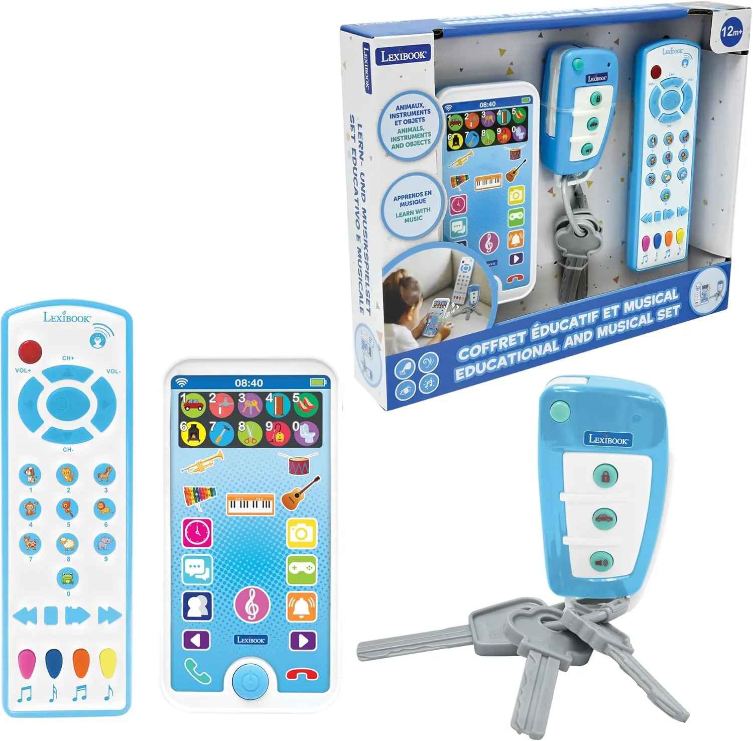 LEXiBOOK, Educational and Musical Set with Telephone, Remote Control and Key Ring, Imitation Game for Toddlers, Explore Animals, Musical Instruments and Everyday Objects, PS125
