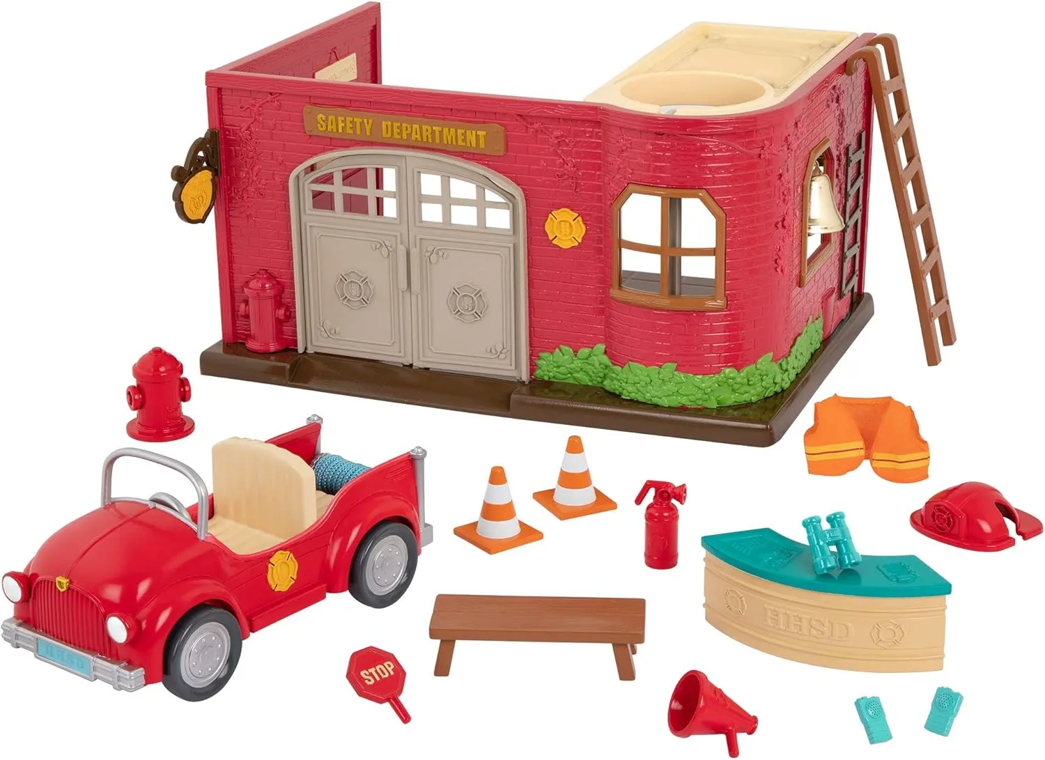 Li'l Woodzeez – 16 Pcs Safety Department Dollhouse Playset – Fire Truck, Miniature Furnitures & Accessories Included – Stackable Toy Pretend Play for Kids 3 