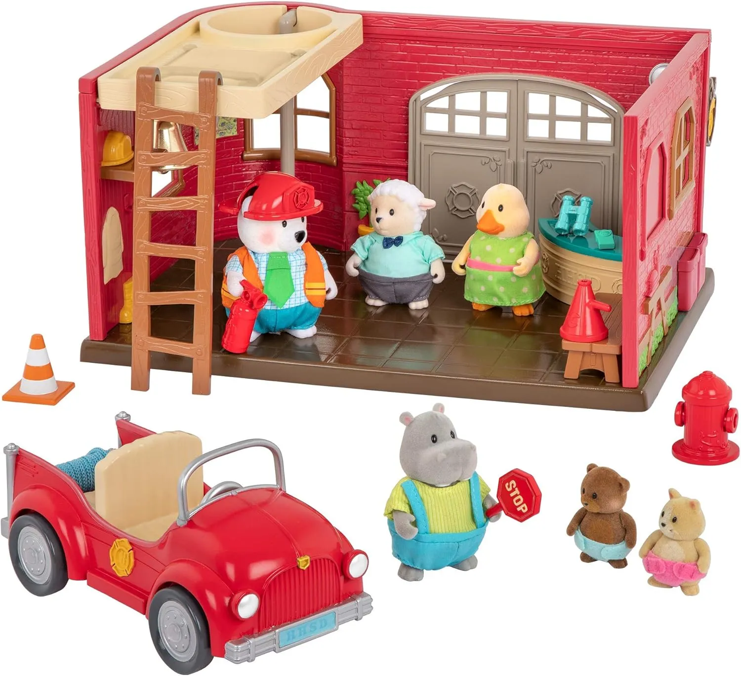Li'l Woodzeez – 16 Pcs Safety Department Dollhouse Playset – Fire Truck, Miniature Furnitures & Accessories Included – Stackable Toy Pretend Play for Kids 3 