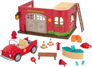 Li'l Woodzeez – 16 Pcs Safety Department Dollhouse Playset – Fire Truck, Miniature Furnitures & Accessories Included – Stackable Toy Pretend Play for Kids 3 