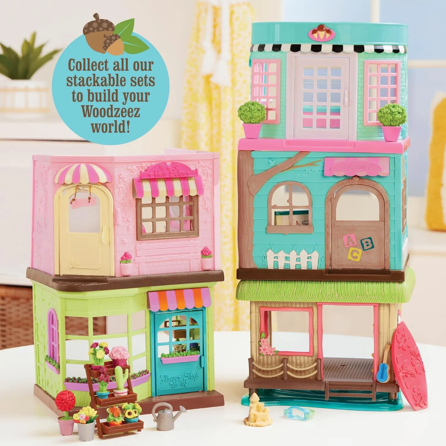 Li’l Woodzeez – Sunshine Tiki Hut Beach Party – Stackable Dollhouse Playset – 2 Posable Doll Figures & 1 Storybook Included – Miniature Beach Toys & Accessories – Pretend Play Toy Gift for Kids 3 