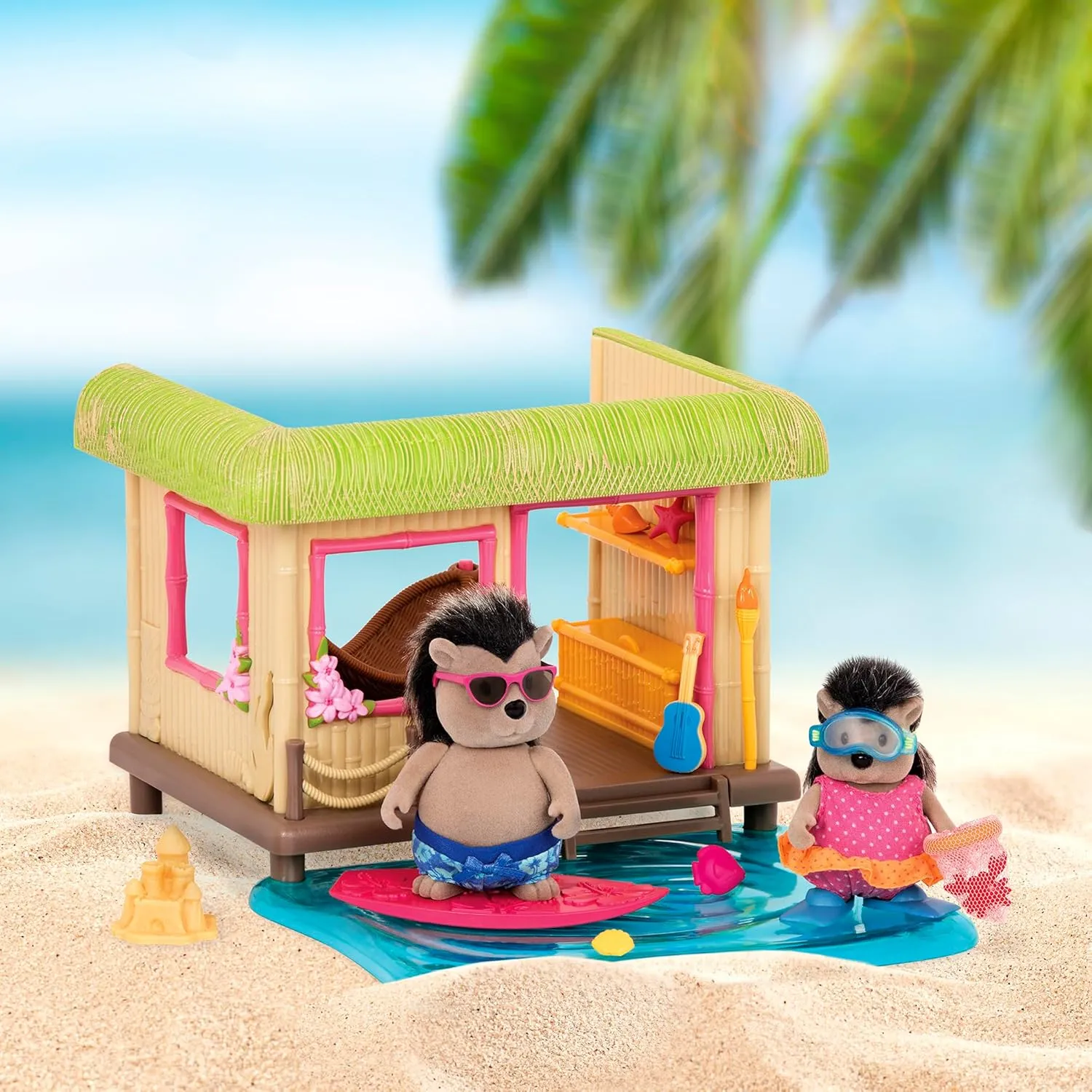Li’l Woodzeez – Sunshine Tiki Hut Beach Party – Stackable Dollhouse Playset – 2 Posable Doll Figures & 1 Storybook Included – Miniature Beach Toys & Accessories – Pretend Play Toy Gift for Kids 3 