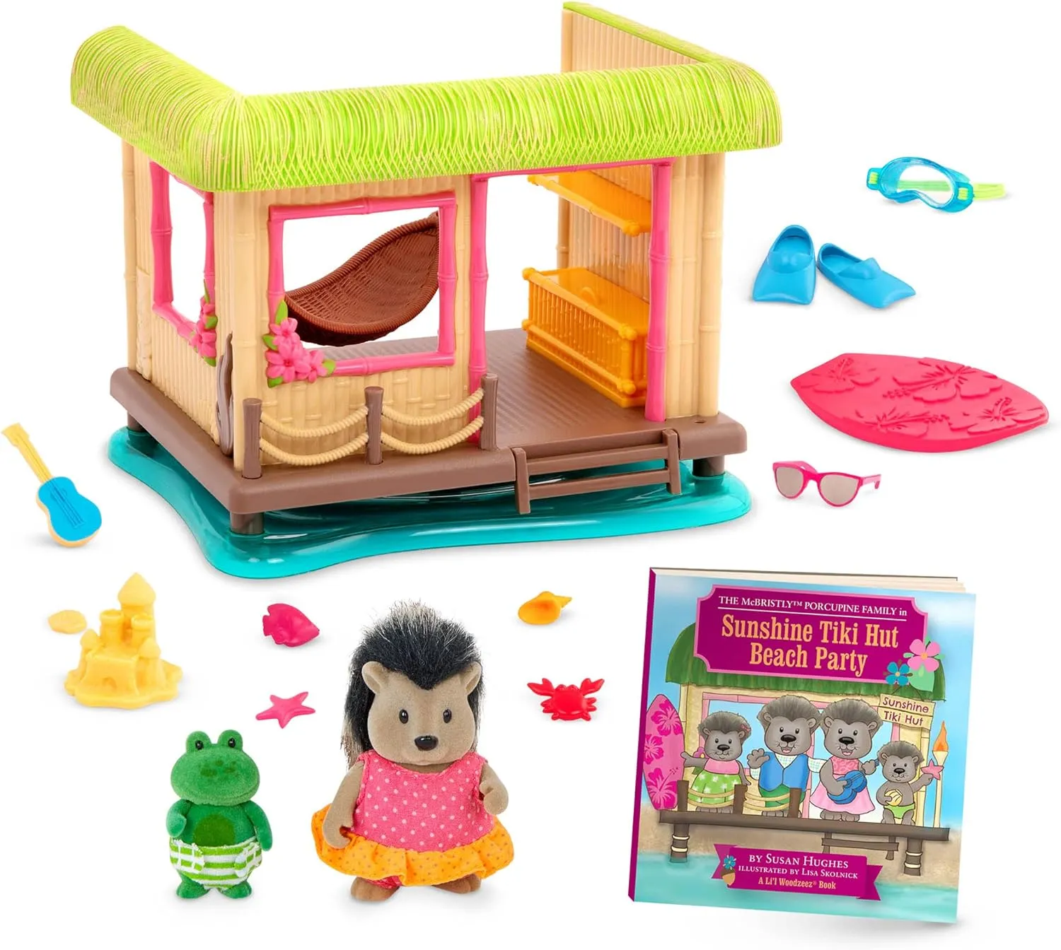 Li’l Woodzeez – Sunshine Tiki Hut Beach Party – Stackable Dollhouse Playset – 2 Posable Doll Figures & 1 Storybook Included – Miniature Beach Toys & Accessories – Pretend Play Toy Gift for Kids 3 