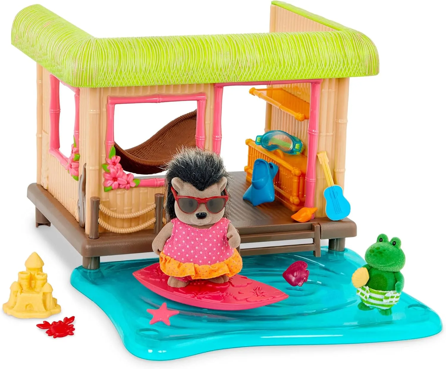 Li’l Woodzeez – Sunshine Tiki Hut Beach Party – Stackable Dollhouse Playset – 2 Posable Doll Figures & 1 Storybook Included – Miniature Beach Toys & Accessories – Pretend Play Toy Gift for Kids 3 