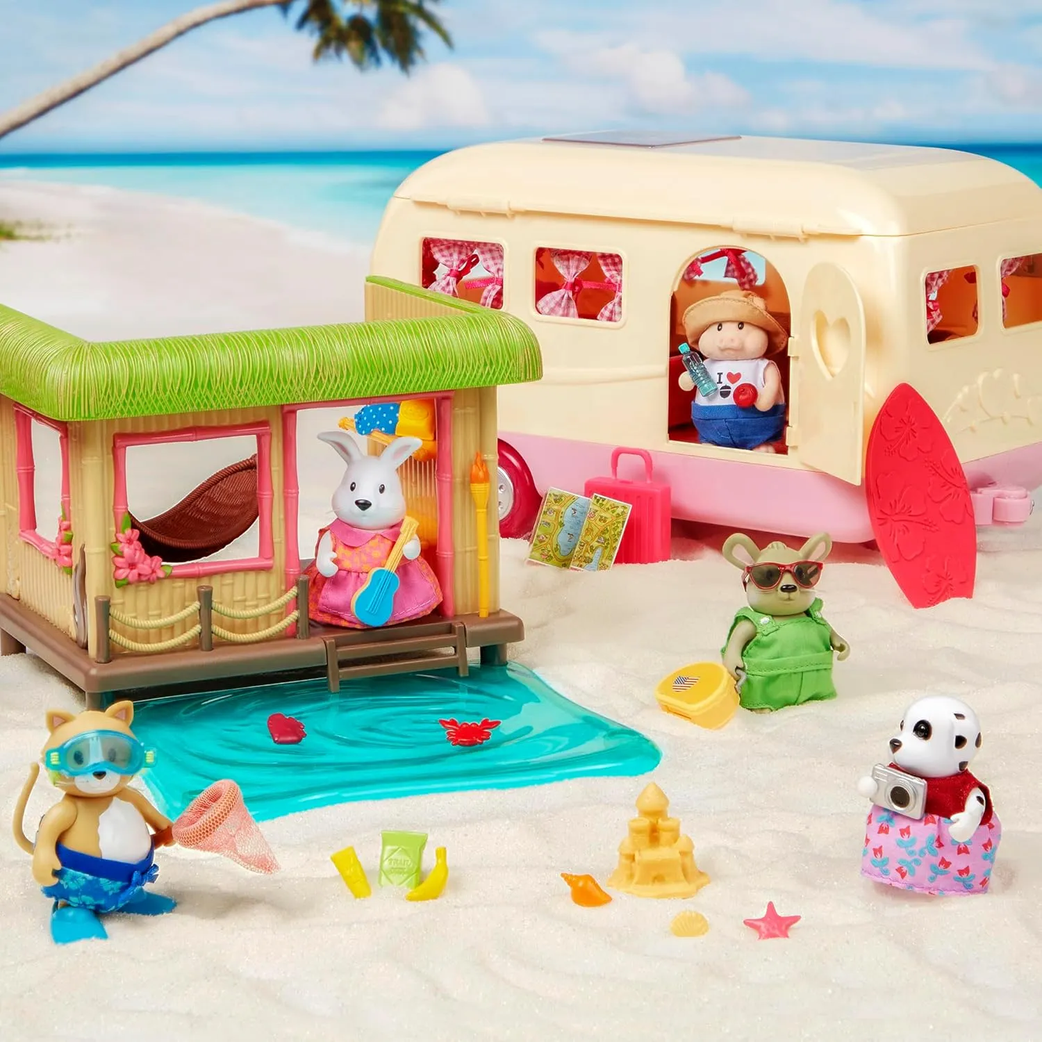 Li’l Woodzeez – Sunshine Tiki Hut Beach Party – Stackable Dollhouse Playset – 2 Posable Doll Figures & 1 Storybook Included – Miniature Beach Toys & Accessories – Pretend Play Toy Gift for Kids 3 