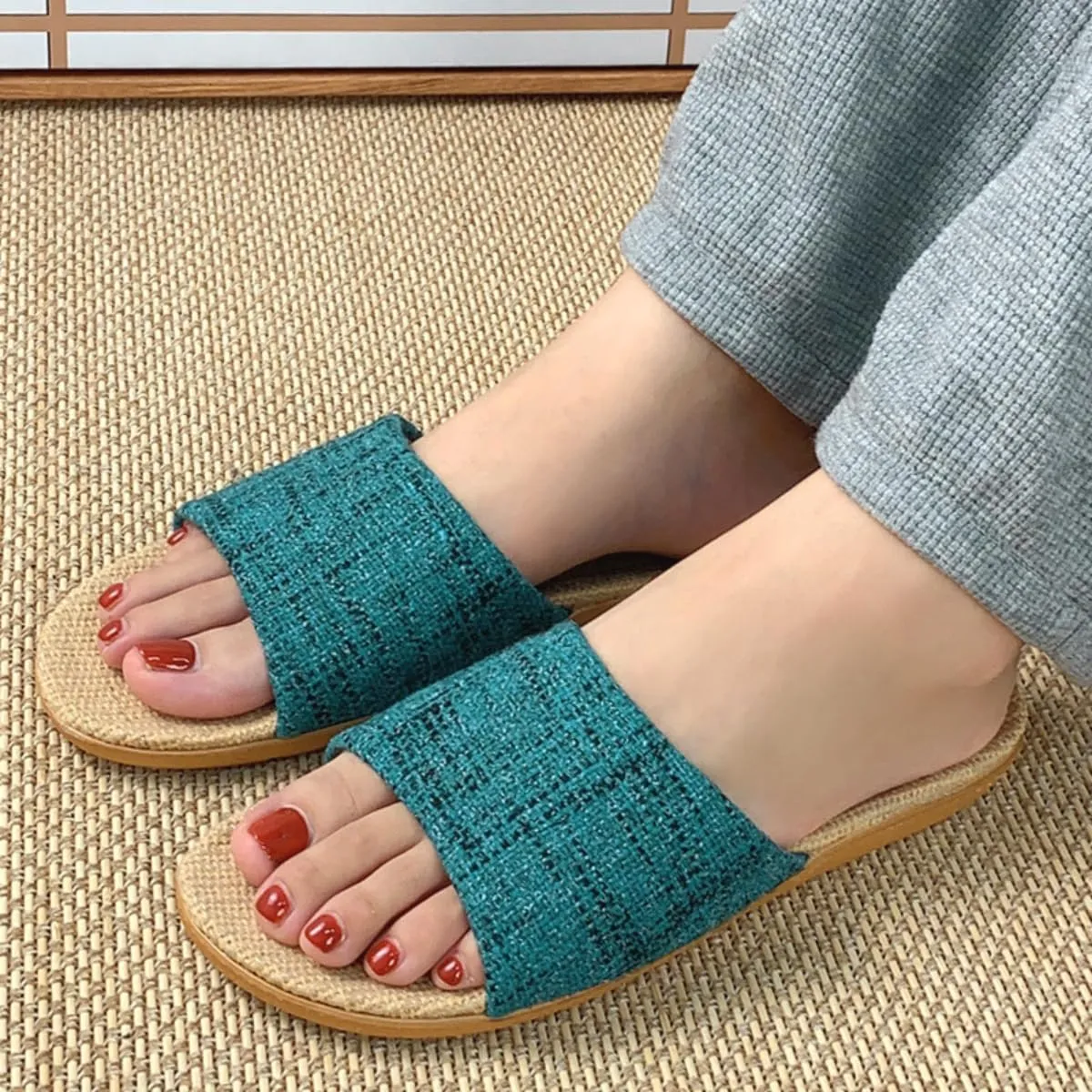 Linen Slippers for Women Men Summer Home Slippers Indoor Soft Sole Anti-Slip and Wear-Resistant Couple Slippers Open Toe Breathable House Shoes