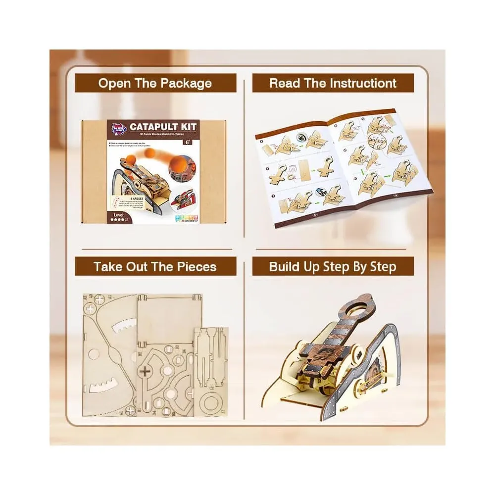 LIVEVIE 3D Wooden Catapult Kit STEM Toy for Kids, Includes Panels, Elastic Bands, and EVA Balls, Explore Physics Principles of Force, Trajectory, and Levers, Educational Craft Kit