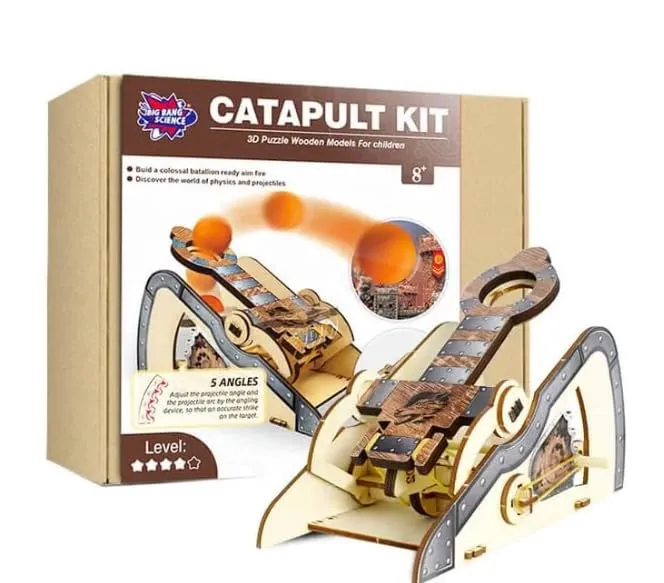 LIVEVIE 3D Wooden Catapult Kit STEM Toy for Kids, Includes Panels, Elastic Bands, and EVA Balls, Explore Physics Principles of Force, Trajectory, and Levers, Educational Craft Kit