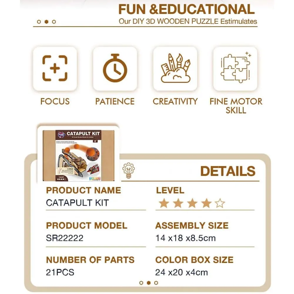 LIVEVIE 3D Wooden Catapult Kit STEM Toy for Kids, Includes Panels, Elastic Bands, and EVA Balls, Explore Physics Principles of Force, Trajectory, and Levers, Educational Craft Kit