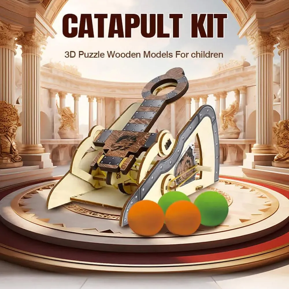 LIVEVIE 3D Wooden Catapult Kit STEM Toy for Kids, Includes Panels, Elastic Bands, and EVA Balls, Explore Physics Principles of Force, Trajectory, and Levers, Educational Craft Kit