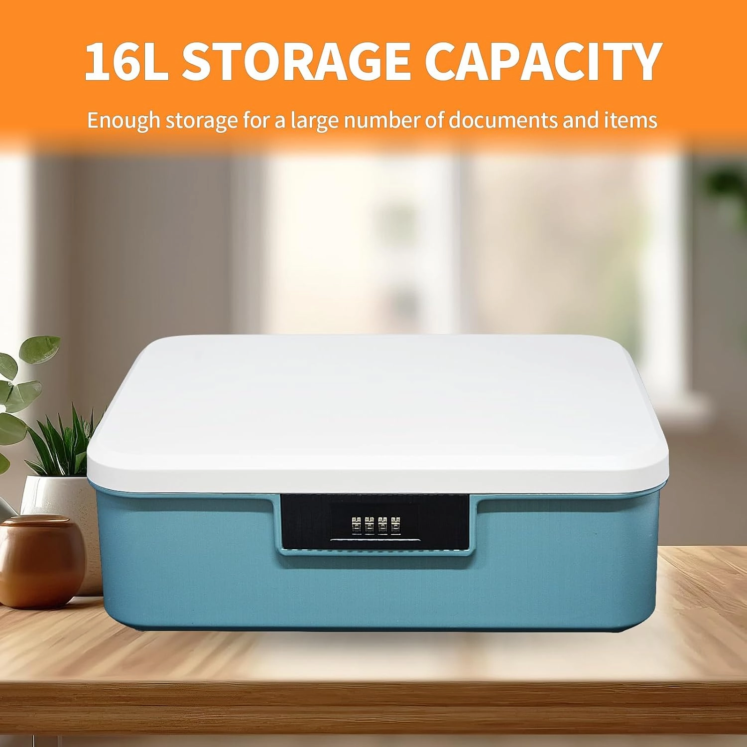 Lockable Storage Container Bin, 4.2 Gallon Capacity Organizer Box with Combination Lock, Heavy Duty Plastic Trunk, Usable As Item Organizer Or Office File Storage(Blue)