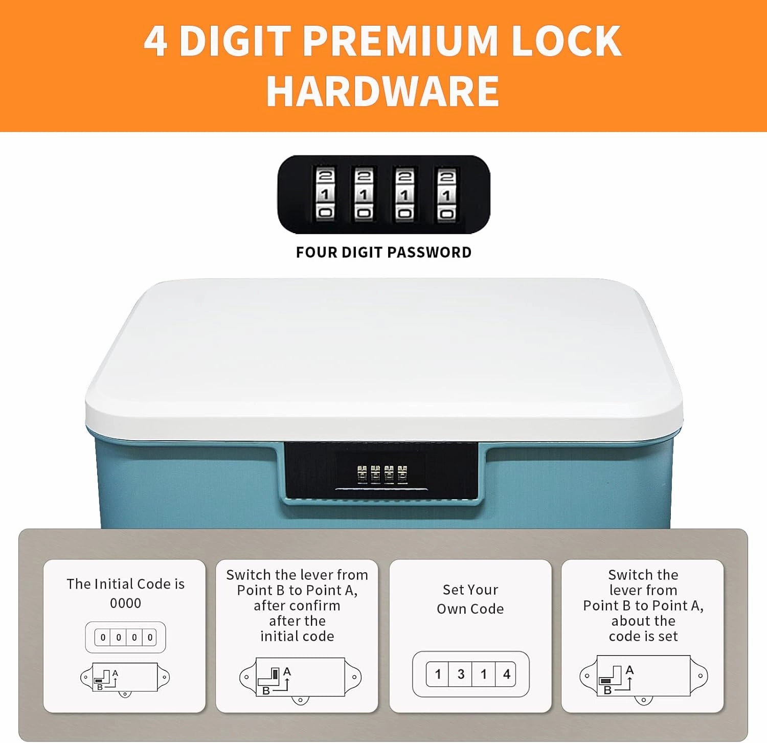 Lockable Storage Container Bin, 4.2 Gallon Capacity Organizer Box with Combination Lock, Heavy Duty Plastic Trunk, Usable As Item Organizer Or Office File Storage(Blue)