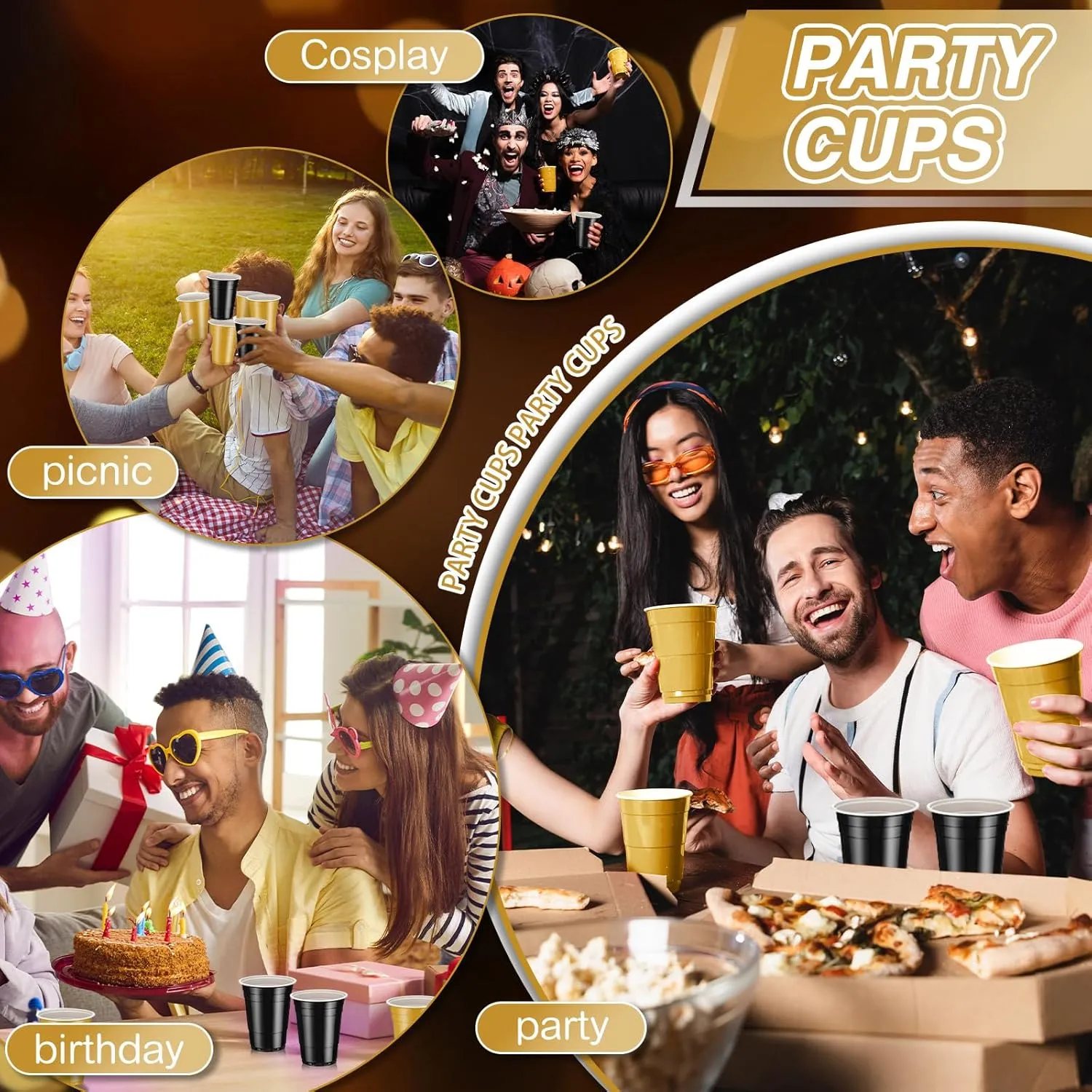 Lounsweer 100 Pack 16 Ounce Plastic Party Cups Disposable Heavy Duty Drinking Water Cups for Wedding New Year Baby Shower Festival Picnics Barbecues Supplies(Black, Gold)