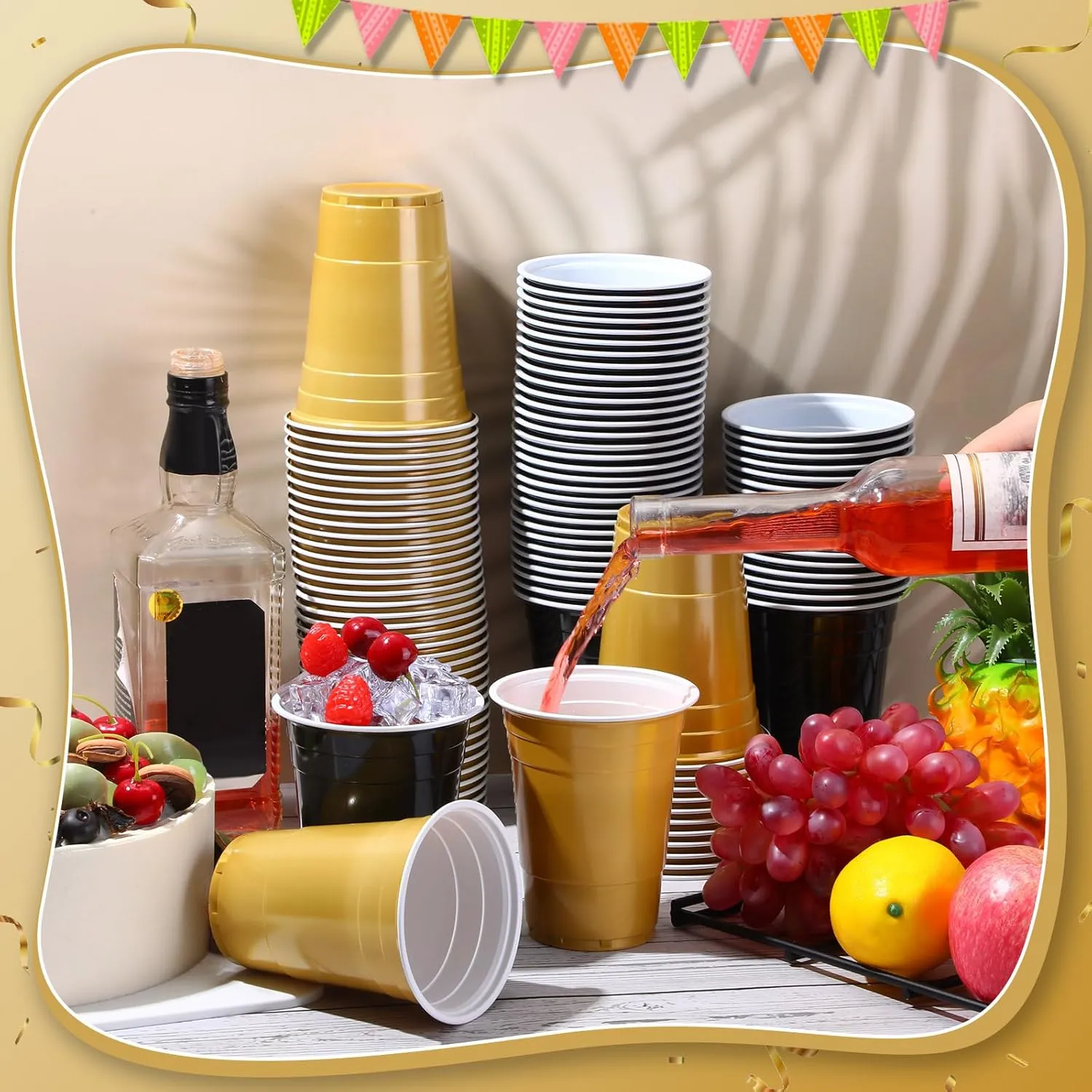 Lounsweer 100 Pack 16 Ounce Plastic Party Cups Disposable Heavy Duty Drinking Water Cups for Wedding New Year Baby Shower Festival Picnics Barbecues Supplies(Black, Gold)