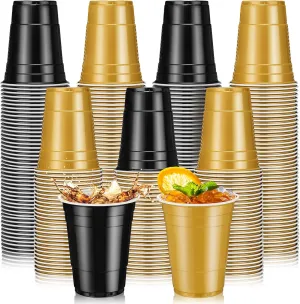 Lounsweer 100 Pack 16 Ounce Plastic Party Cups Disposable Heavy Duty Drinking Water Cups for Wedding New Year Baby Shower Festival Picnics Barbecues Supplies(Black, Gold)