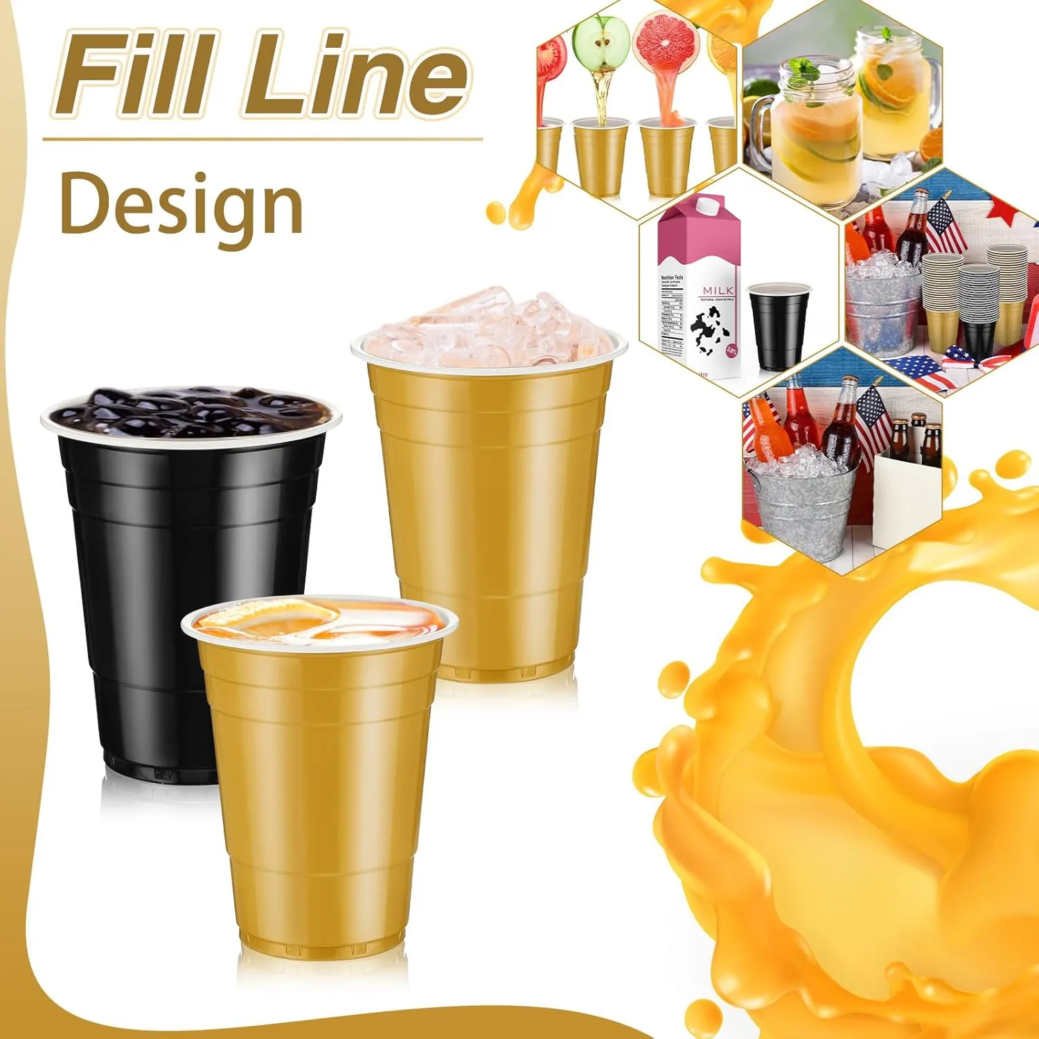 Lounsweer 100 Pack 16 Ounce Plastic Party Cups Disposable Heavy Duty Drinking Water Cups for Wedding New Year Baby Shower Festival Picnics Barbecues Supplies(Black, Gold)
