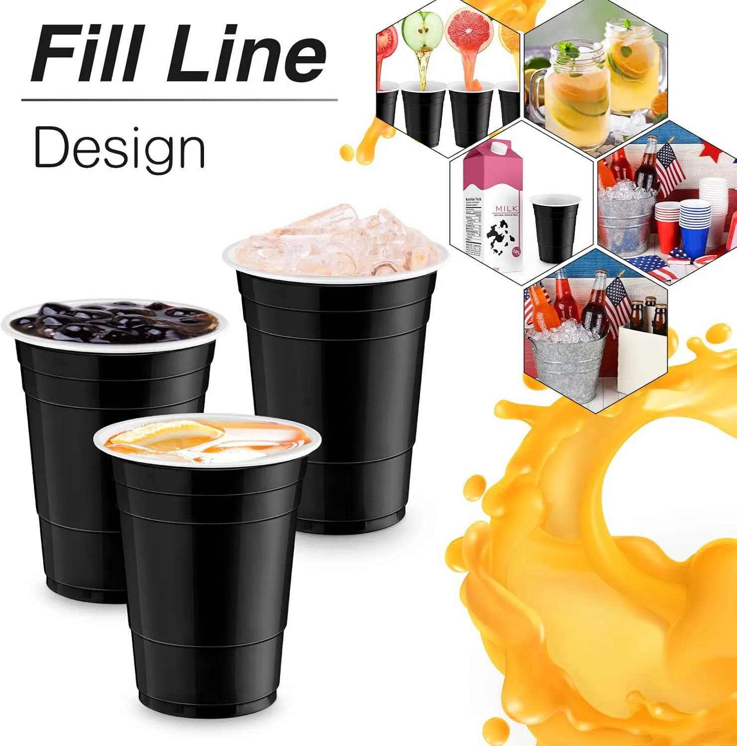 Lounsweer 100 Pack 16 Ounce Plastic Party Cups Disposable Heavy Duty Drinking Water Cups for Wedding New Year Baby Shower Festival Picnics Barbecues Supplies(Black, White)