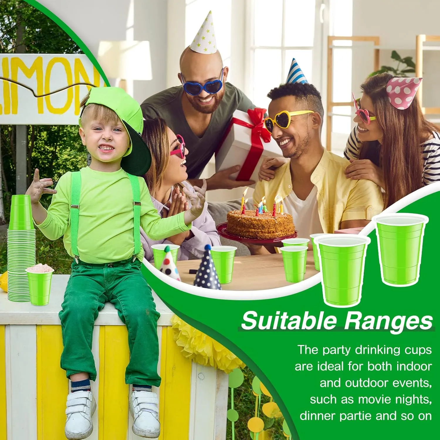 Lounsweer 100 Pack 16 Ounce Plastic Party Cups Disposable Heavy Duty Drinking Water Cups for Wedding New Year Baby Shower Festival Picnics Barbecues Supplies(Fluorescent Green)