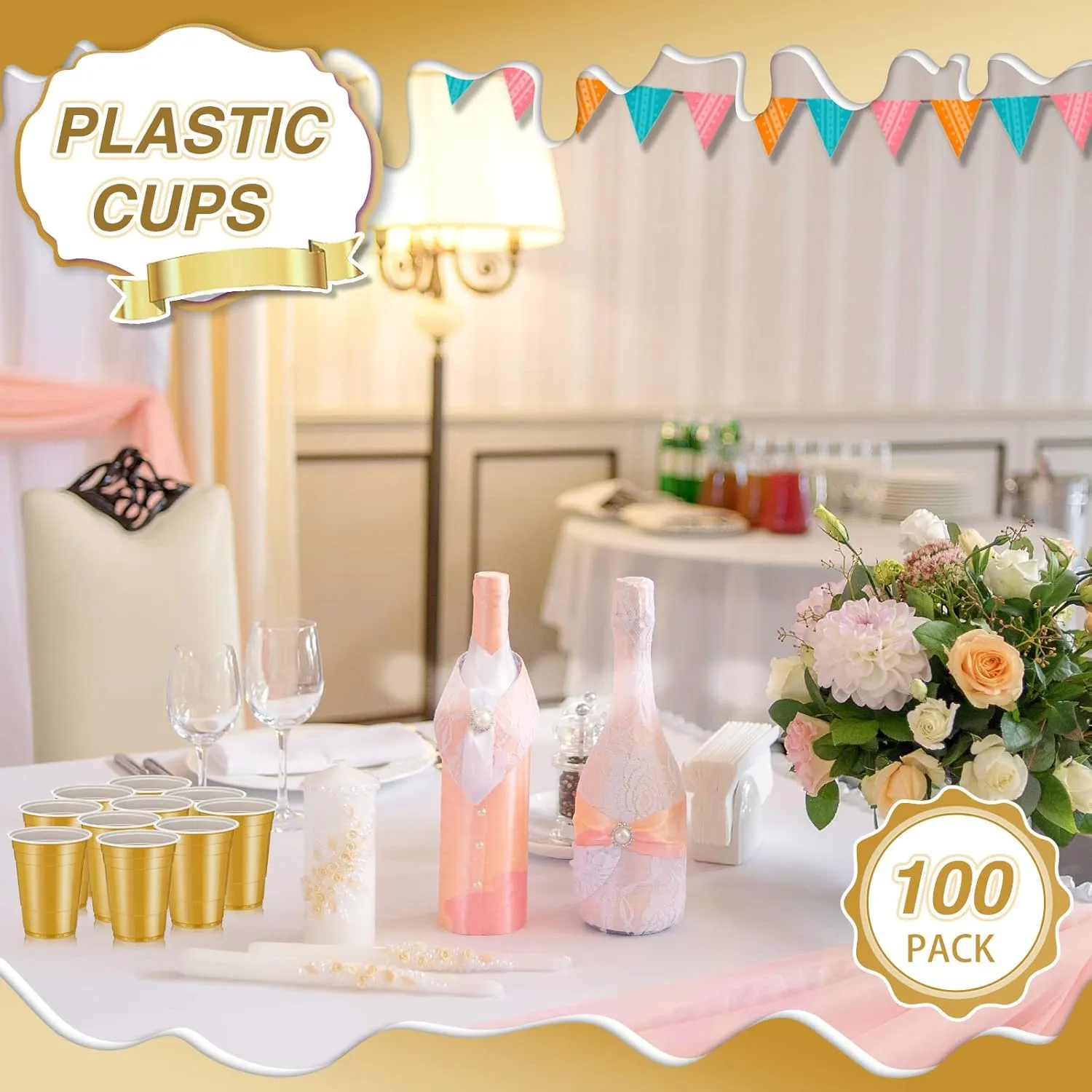 Lounsweer 100 Pack 16 Ounce Plastic Party Cups Disposable Heavy Duty Drinking Water Cups for Wedding New Year Baby Shower Festival Picnics Barbecues Supplies(Gold)