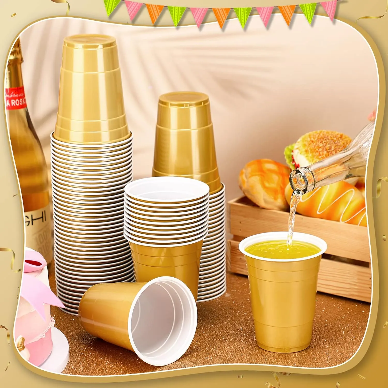 Lounsweer 100 Pack 16 Ounce Plastic Party Cups Disposable Heavy Duty Drinking Water Cups for Wedding New Year Baby Shower Festival Picnics Barbecues Supplies(Gold)