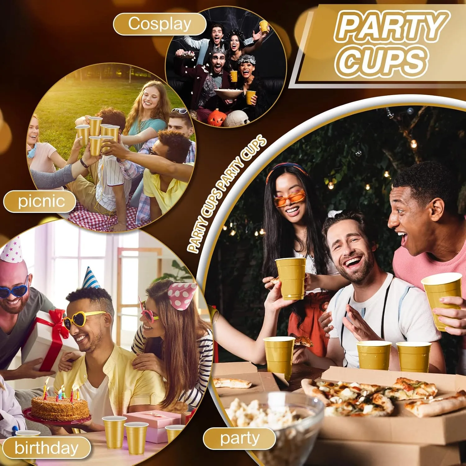 Lounsweer 100 Pack 16 Ounce Plastic Party Cups Disposable Heavy Duty Drinking Water Cups for Wedding New Year Baby Shower Festival Picnics Barbecues Supplies(Gold)