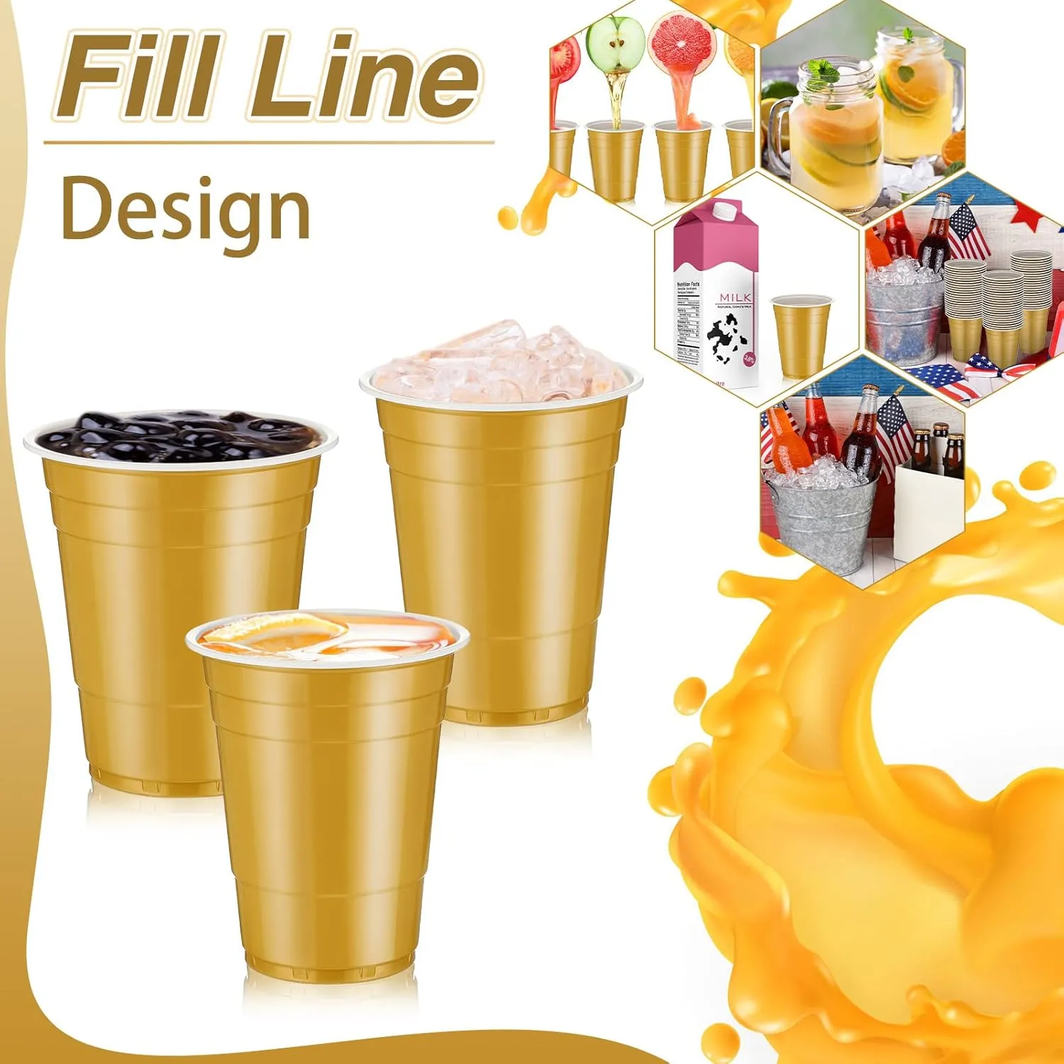 Lounsweer 100 Pack 16 Ounce Plastic Party Cups Disposable Heavy Duty Drinking Water Cups for Wedding New Year Baby Shower Festival Picnics Barbecues Supplies(Gold)