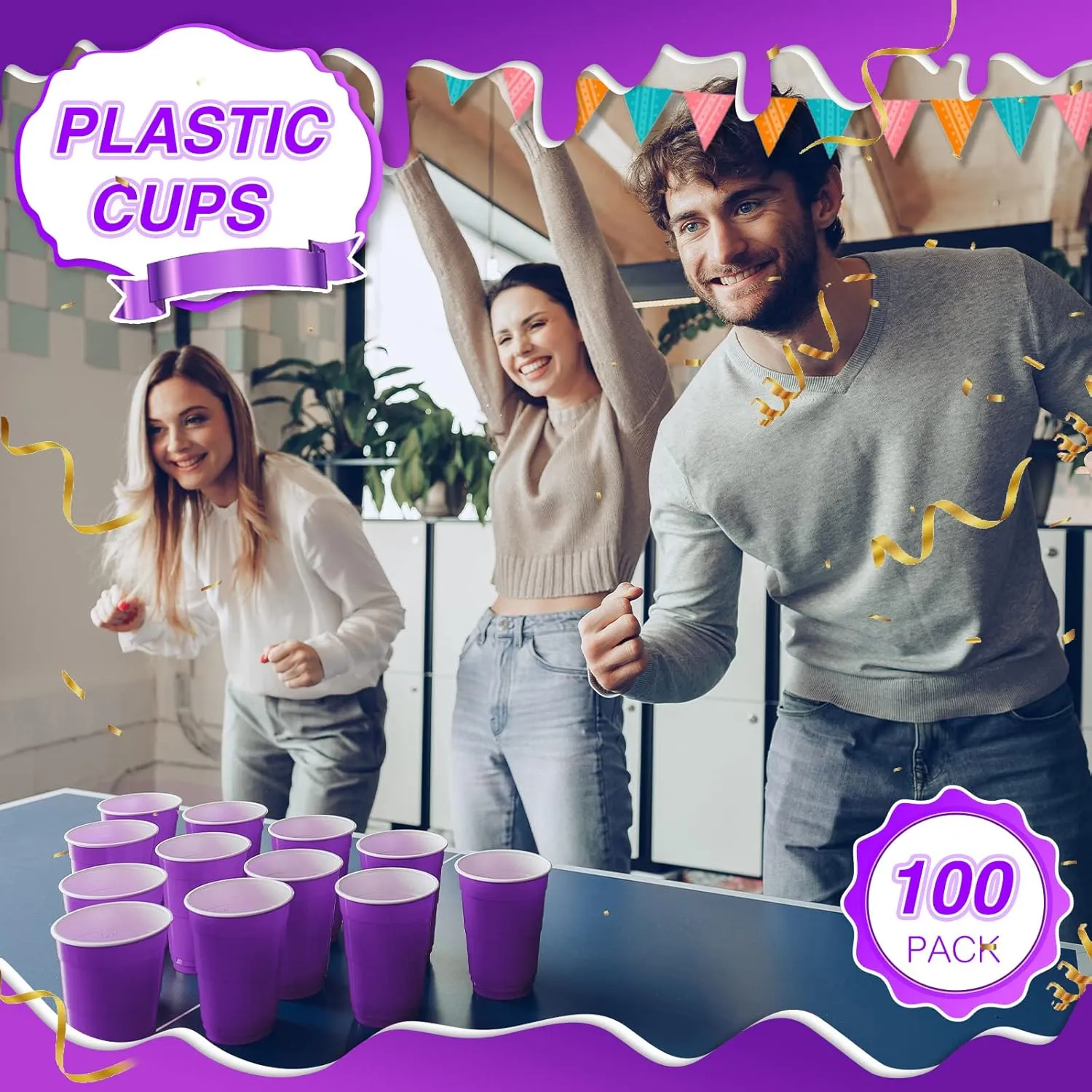 Lounsweer 100 Pack 16 Ounce Plastic Party Cups Disposable Heavy Duty Drinking Water Cups for Wedding New Year Baby Shower Festival Picnics Barbecues Supplies(Purple)