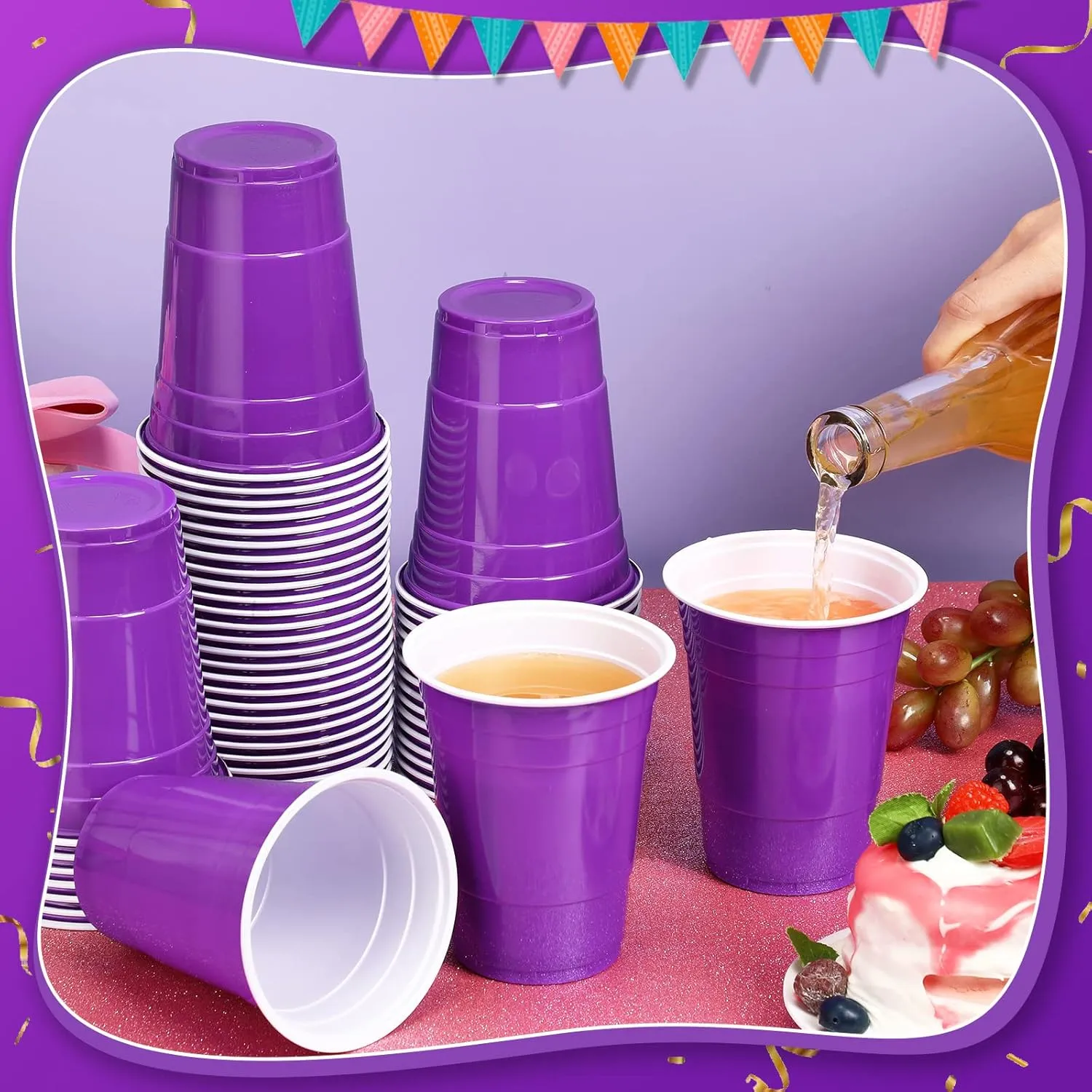 Lounsweer 100 Pack 16 Ounce Plastic Party Cups Disposable Heavy Duty Drinking Water Cups for Wedding New Year Baby Shower Festival Picnics Barbecues Supplies(Purple)