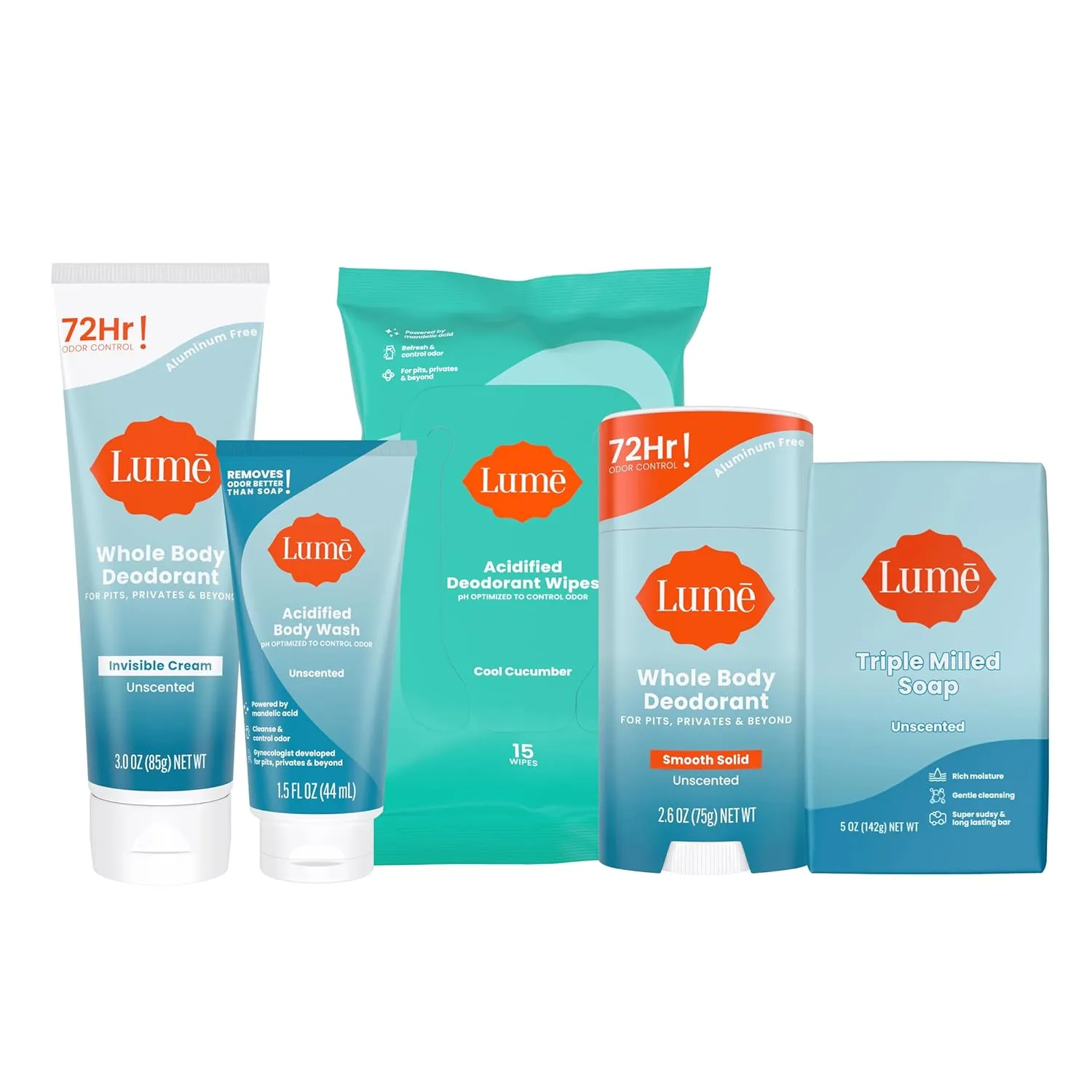Lume Skin Care Gift Set for Women, Whole Body Deodorant Starter Pack - Smooth Solid Stick, Invisible Cream Tube, Acidified Body Wash Mini & Deodorant Wipes - Aluminum Free Odor Control (Unscented)