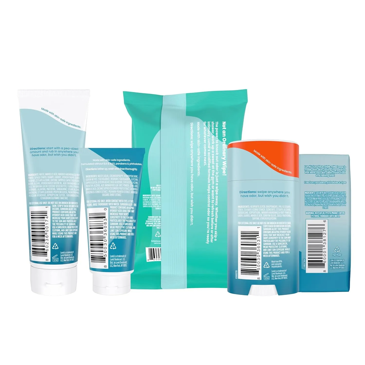 Lume Skin Care Gift Set for Women, Whole Body Deodorant Starter Pack - Smooth Solid Stick, Invisible Cream Tube, Acidified Body Wash Mini & Deodorant Wipes - Aluminum Free Odor Control (Unscented)