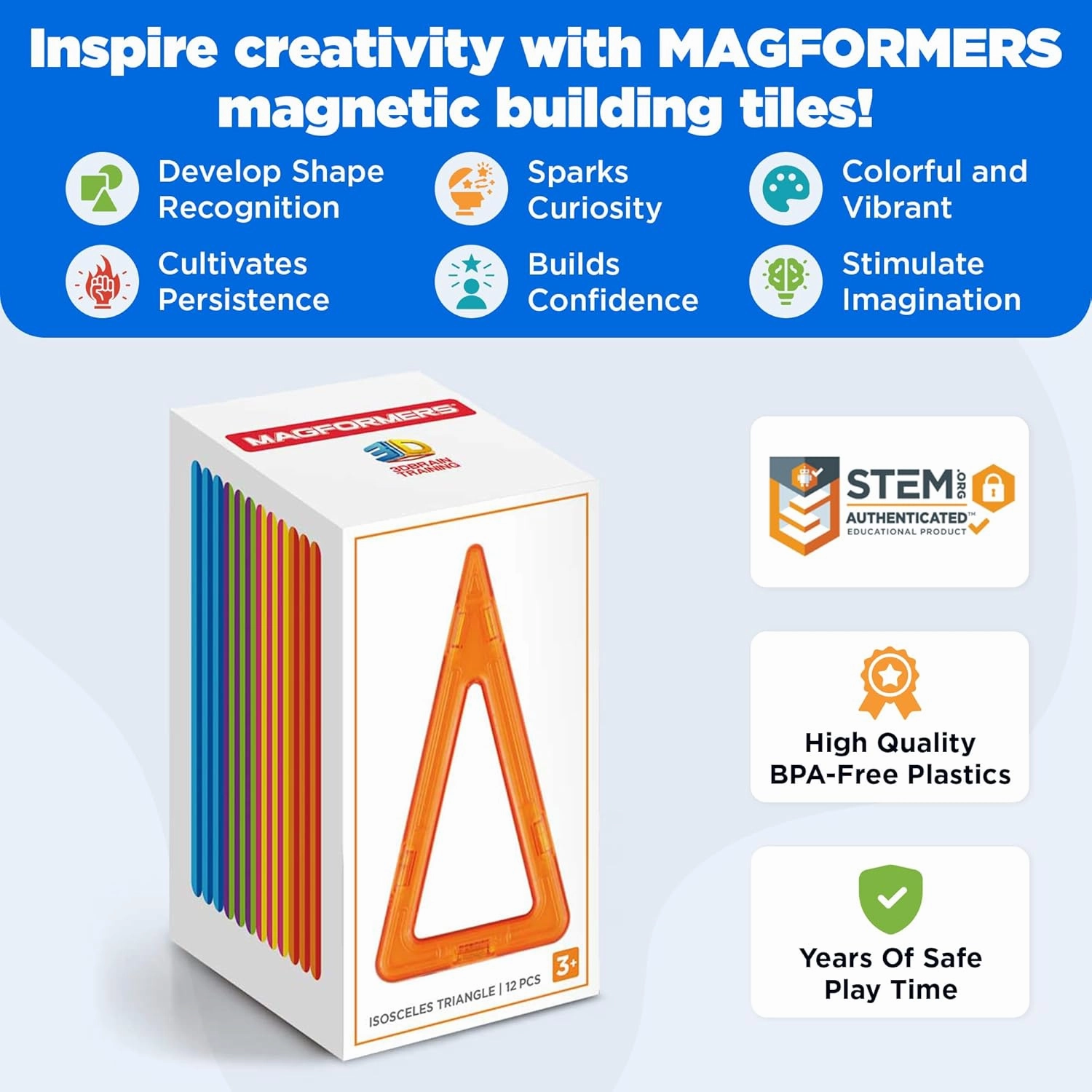 MAGFORMERS Isoseles Triangle 12 Pieces Rainbow Colors, Educational Magnetic Geometric Shapes Tiles Building STEM Toy Set Ages 3 